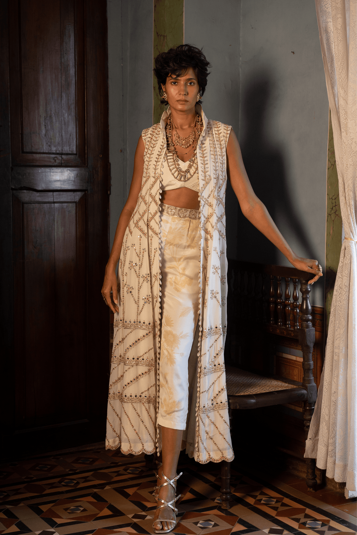 Ivory Floral Long Jacket Set