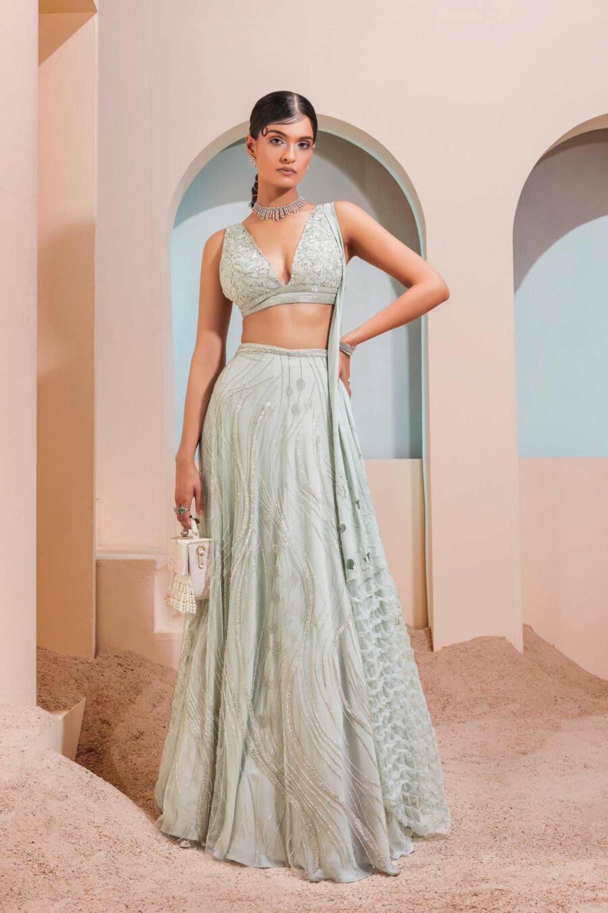 Mint Green Waves Lehengas