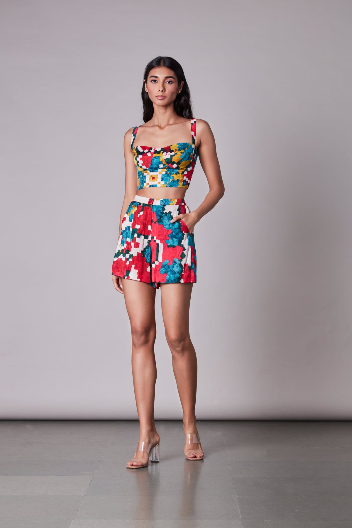 Ikat print bustier paired with shorts