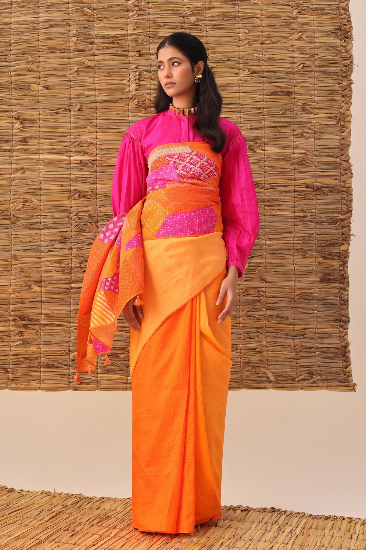 Orange Bandhani Patchwork Saree set