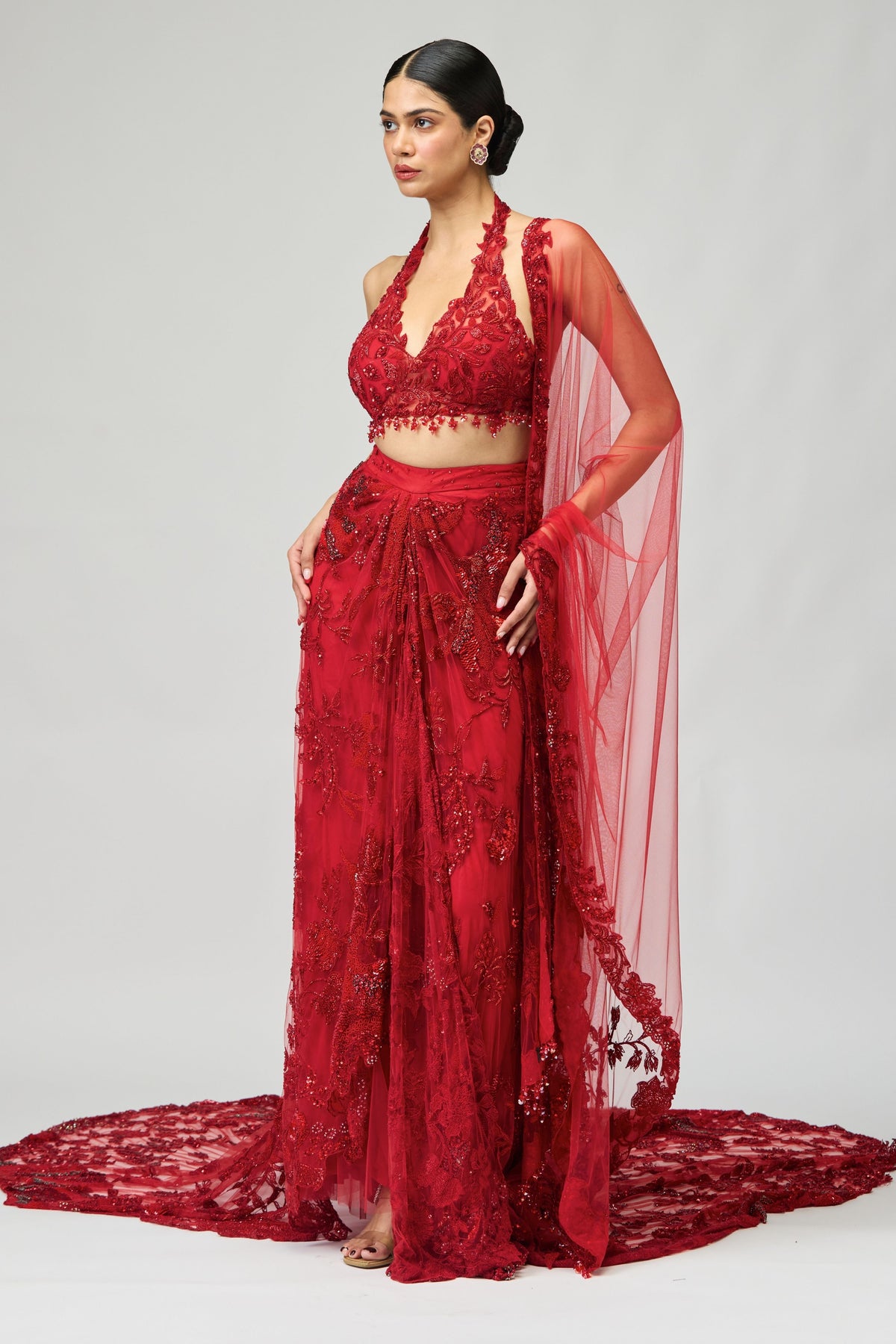 Red Embellished Skirt Set