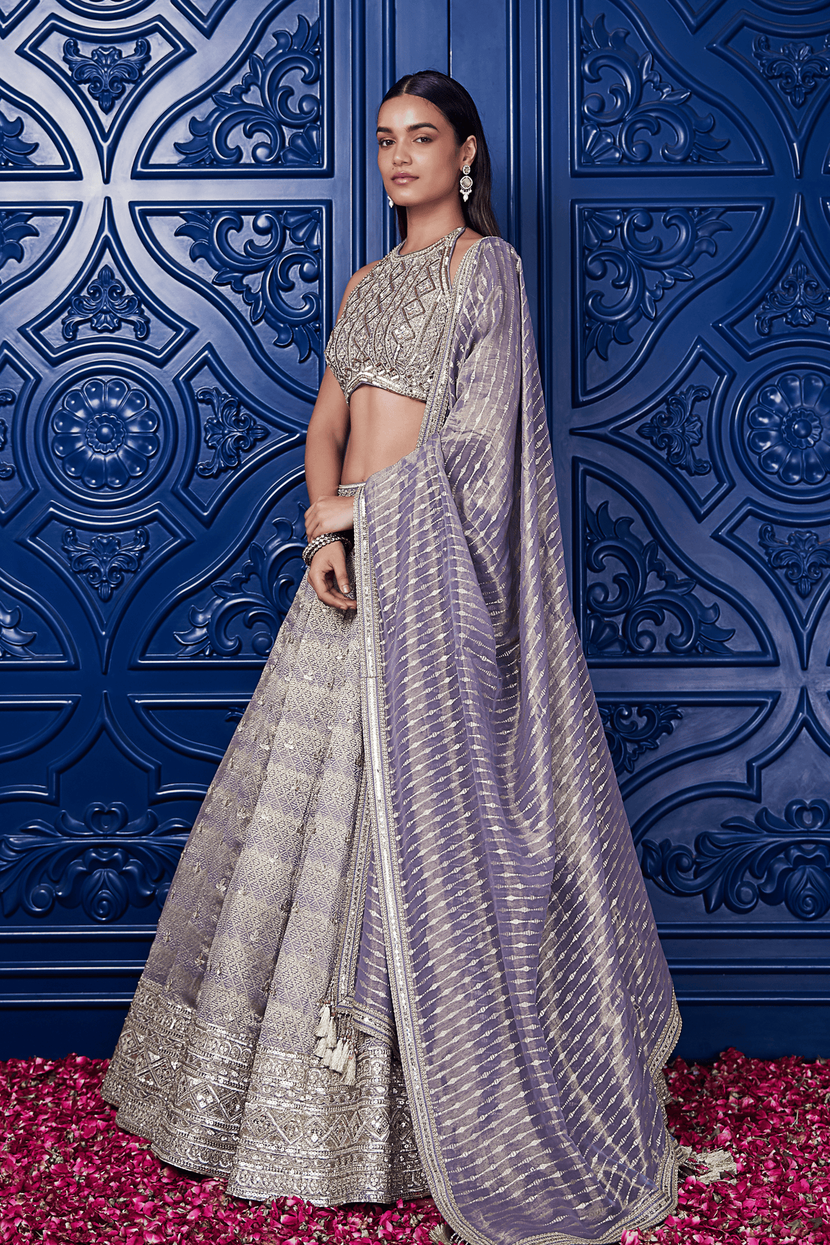 Mauve Tissue Embroidered Lehenga Set