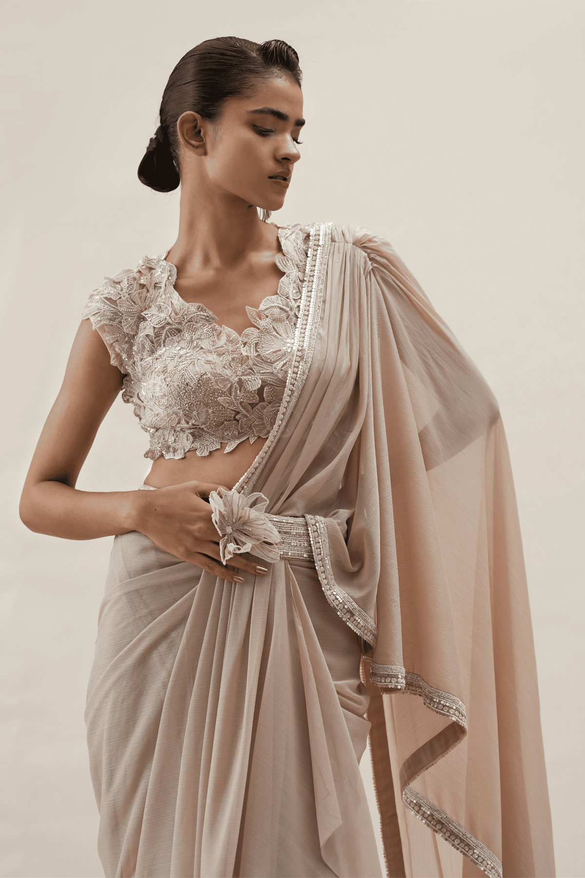 Beige Hibiscus Bloom Draped Saree Set