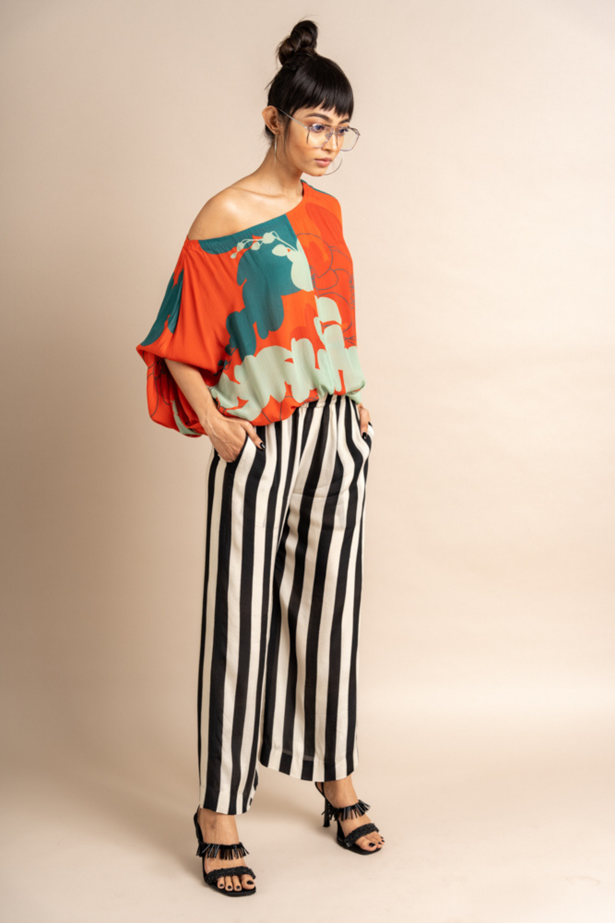 Tangerine Print Crepe Off Shoulder