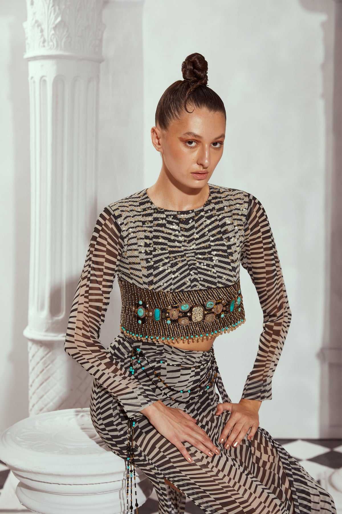 Byzantine Print Crop Top With Drapped Skirt