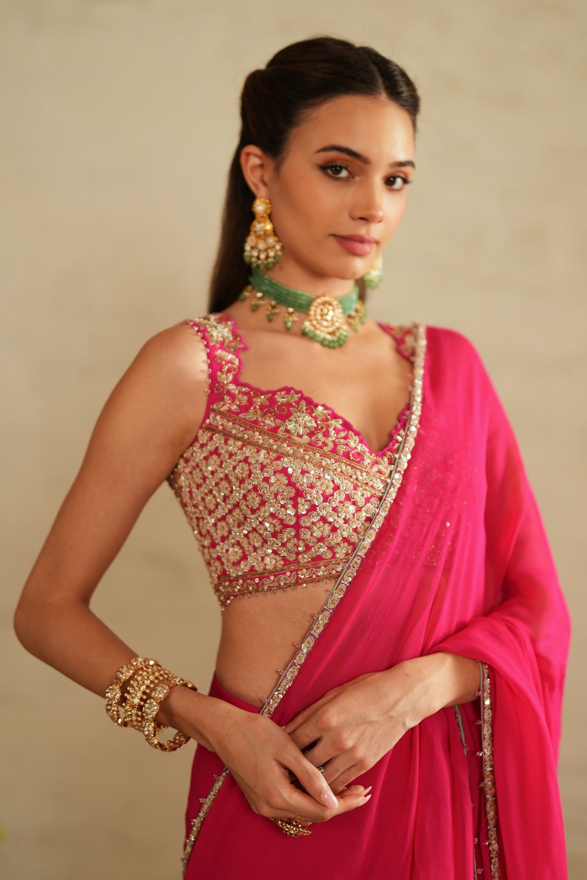 Hot Pink Pre Draped Saree