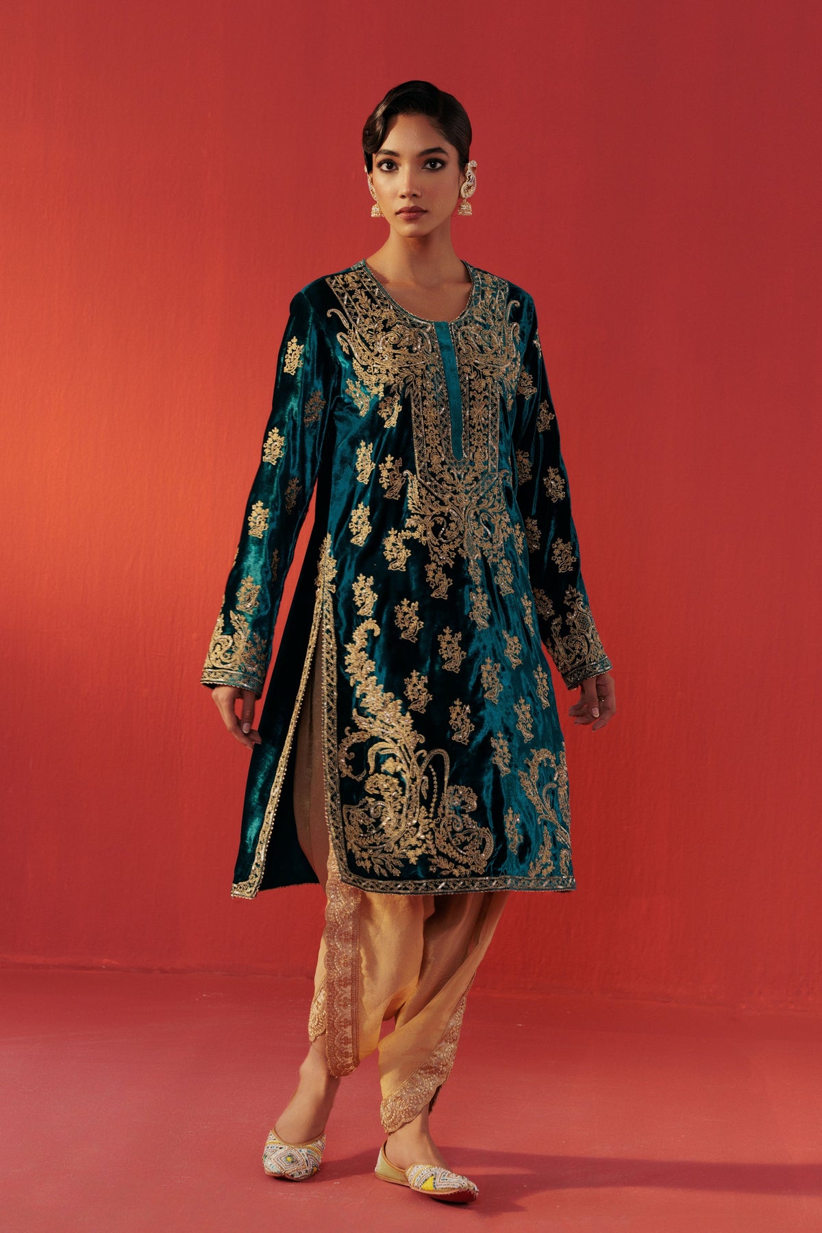 Teal Blue Velvet Kurta Set