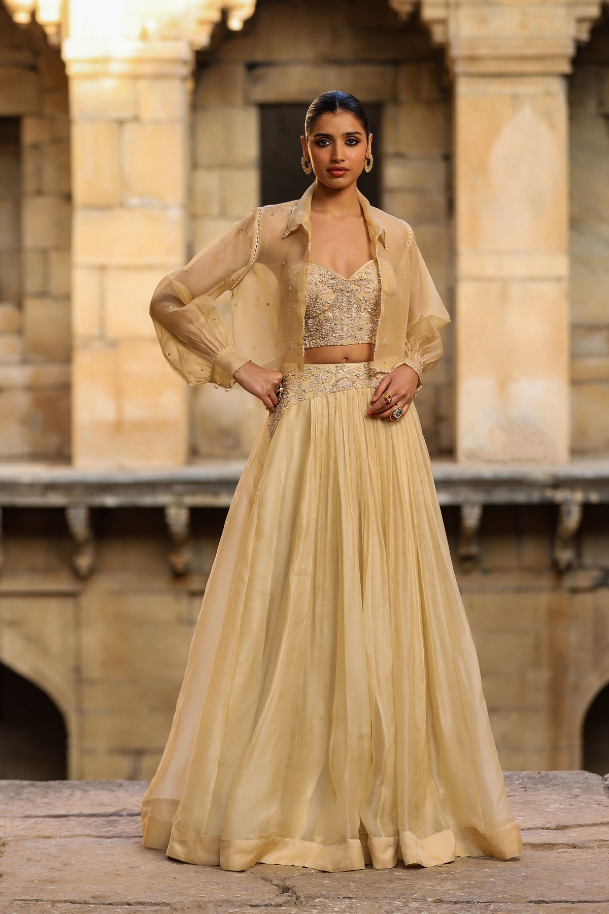 Vaayu Beige Jacket Lehenga Set