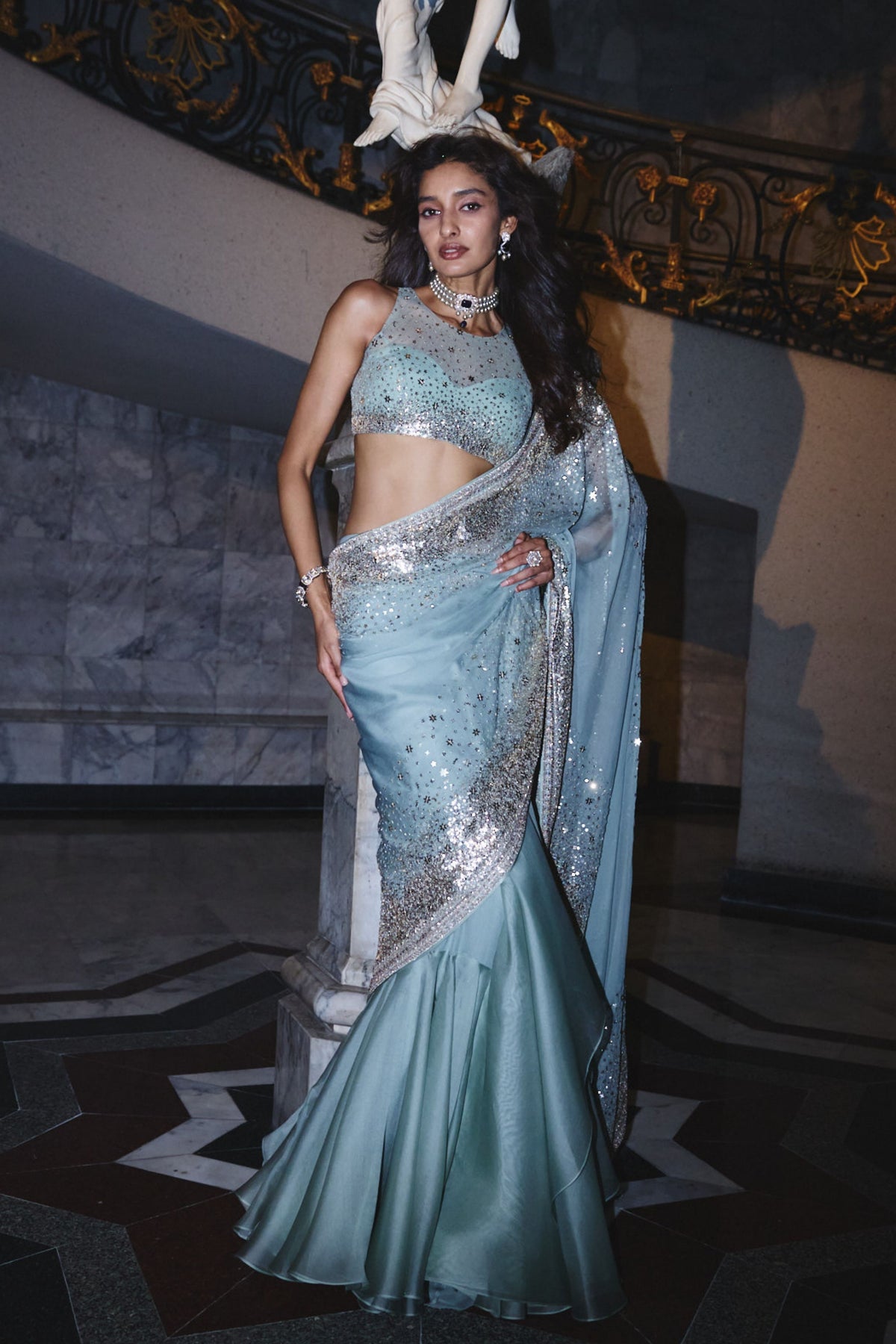 Sea Blue Draped Saree Set