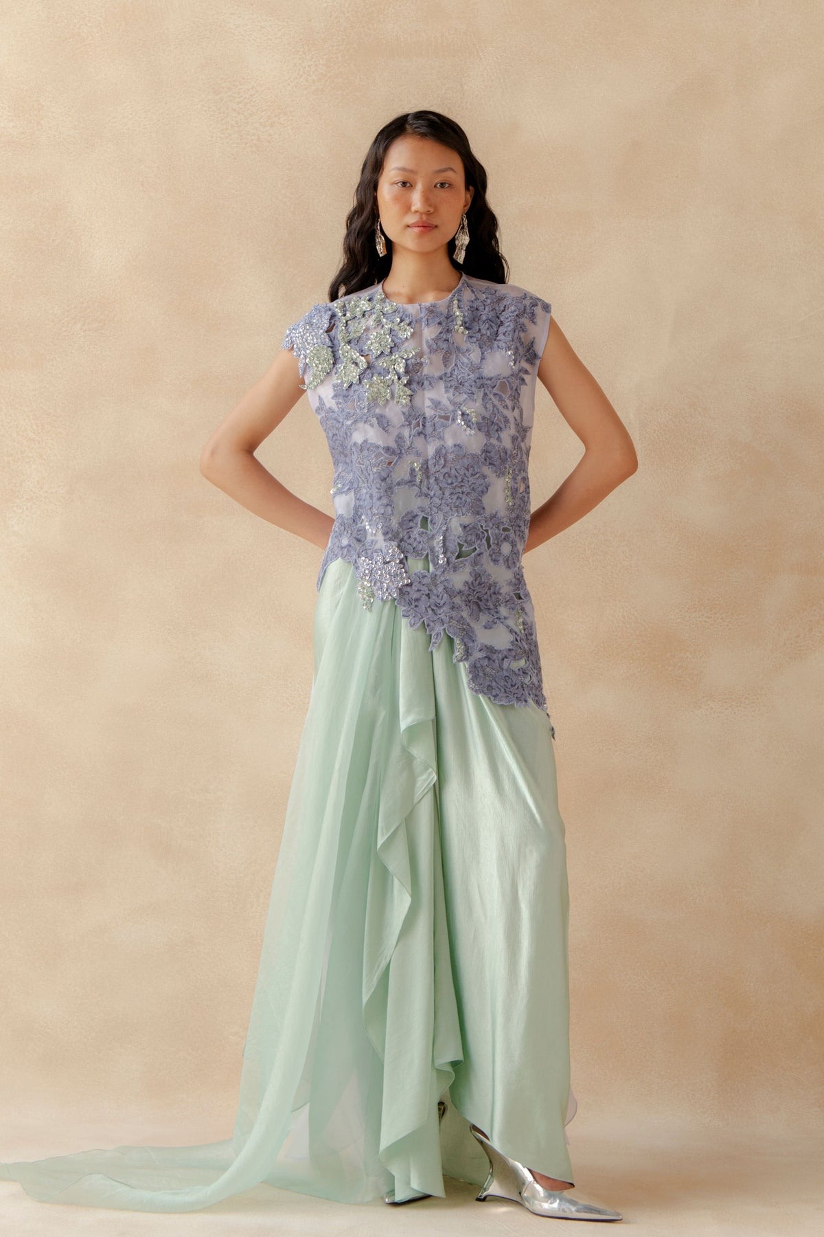 Embroidered Overlay Bustier Drape Skirt