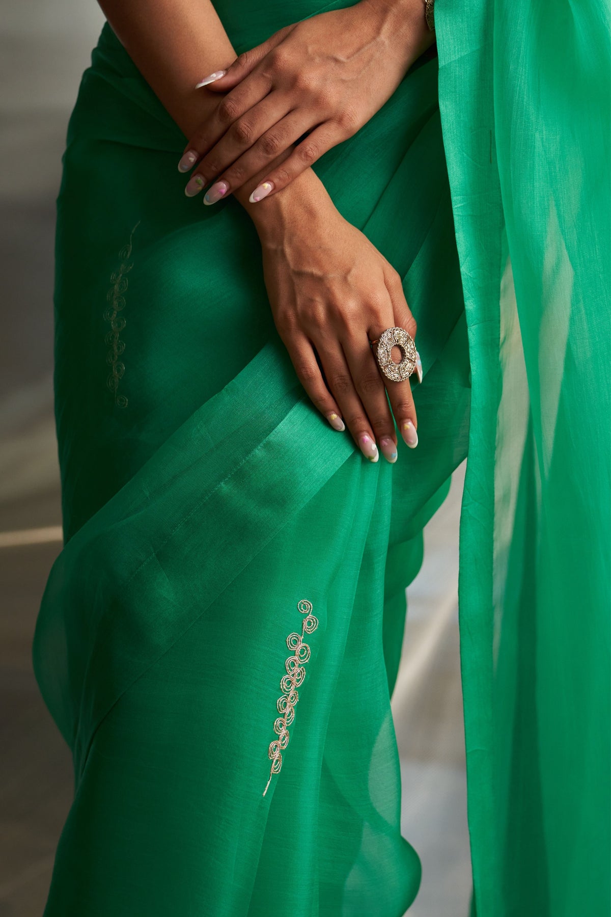 Green Saree Sleeveless Blouse Set