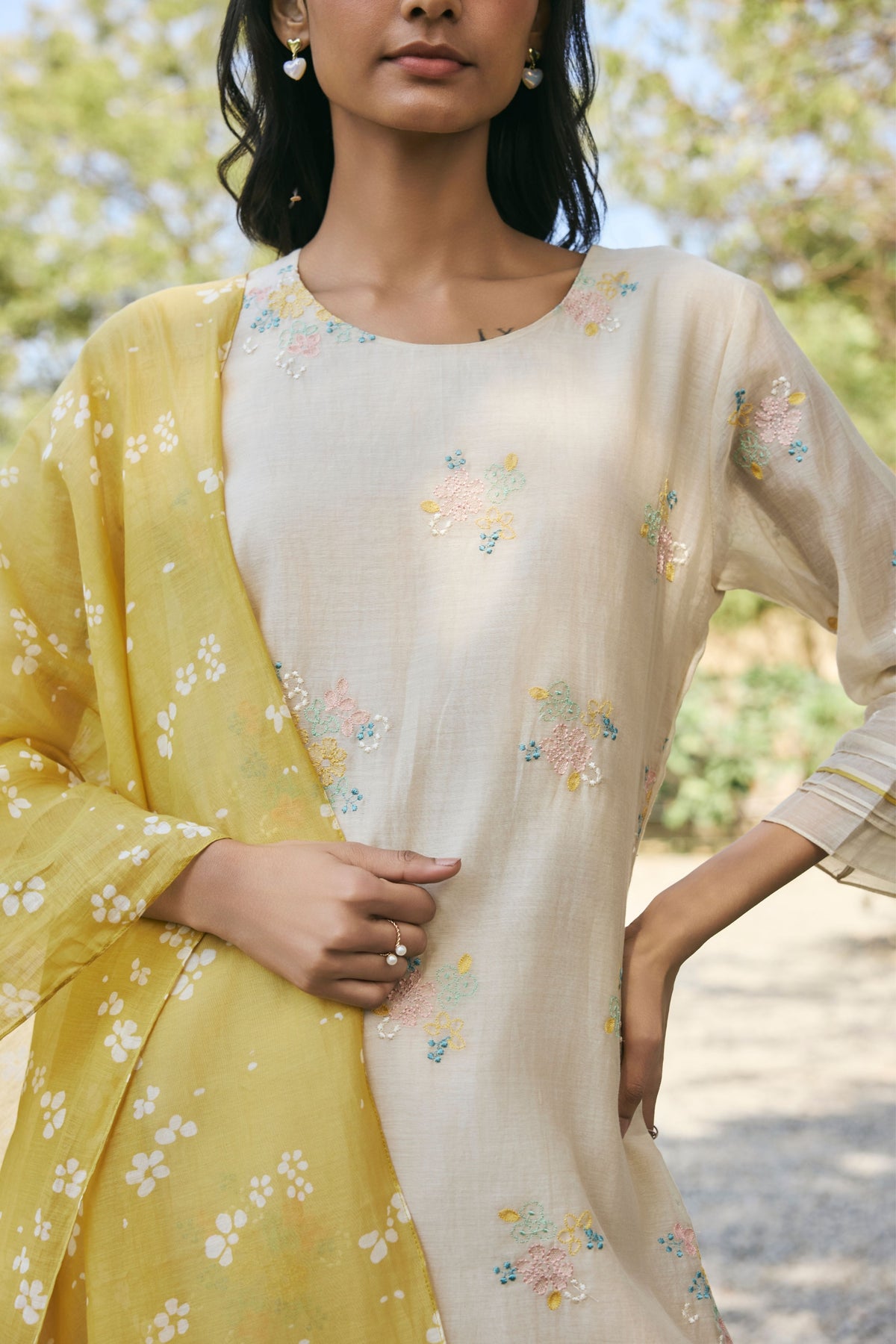 Ecru Embroidered Kurta Set