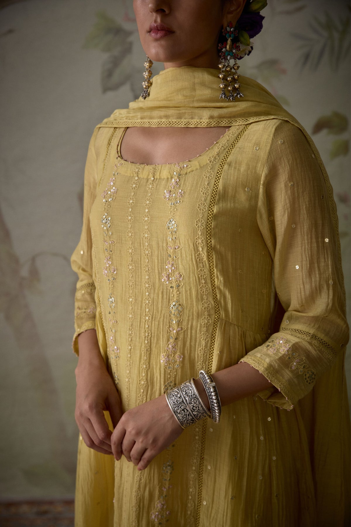 Lemon Yellow Panelled Kurta Set
