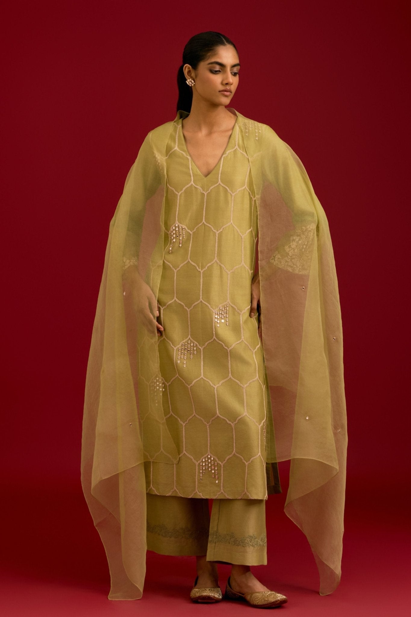 Pistachio Embroidered Kurta Set - Devnaagri - Elahe