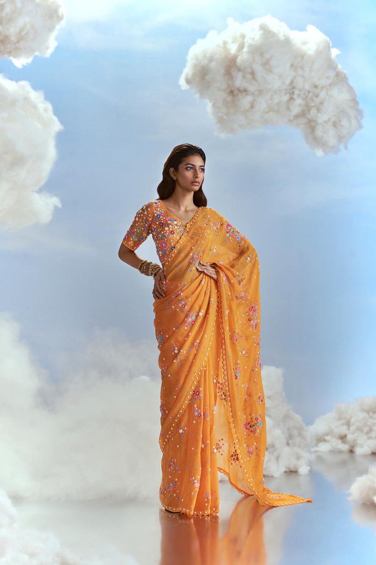 Yellow Izmir Carnations Saree Set