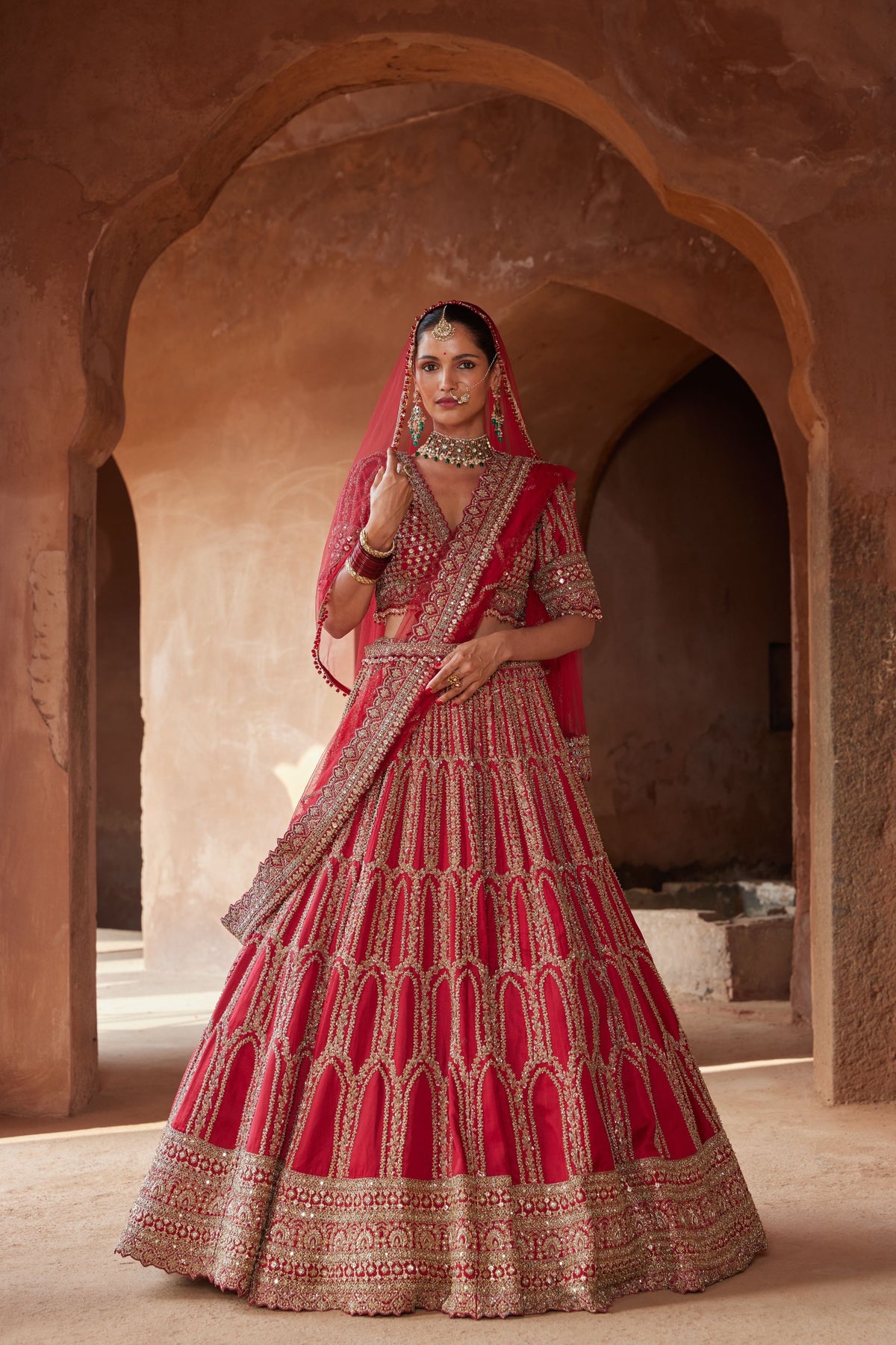 Blood Red Zardozi Work Raw Silk Lehenga Set
