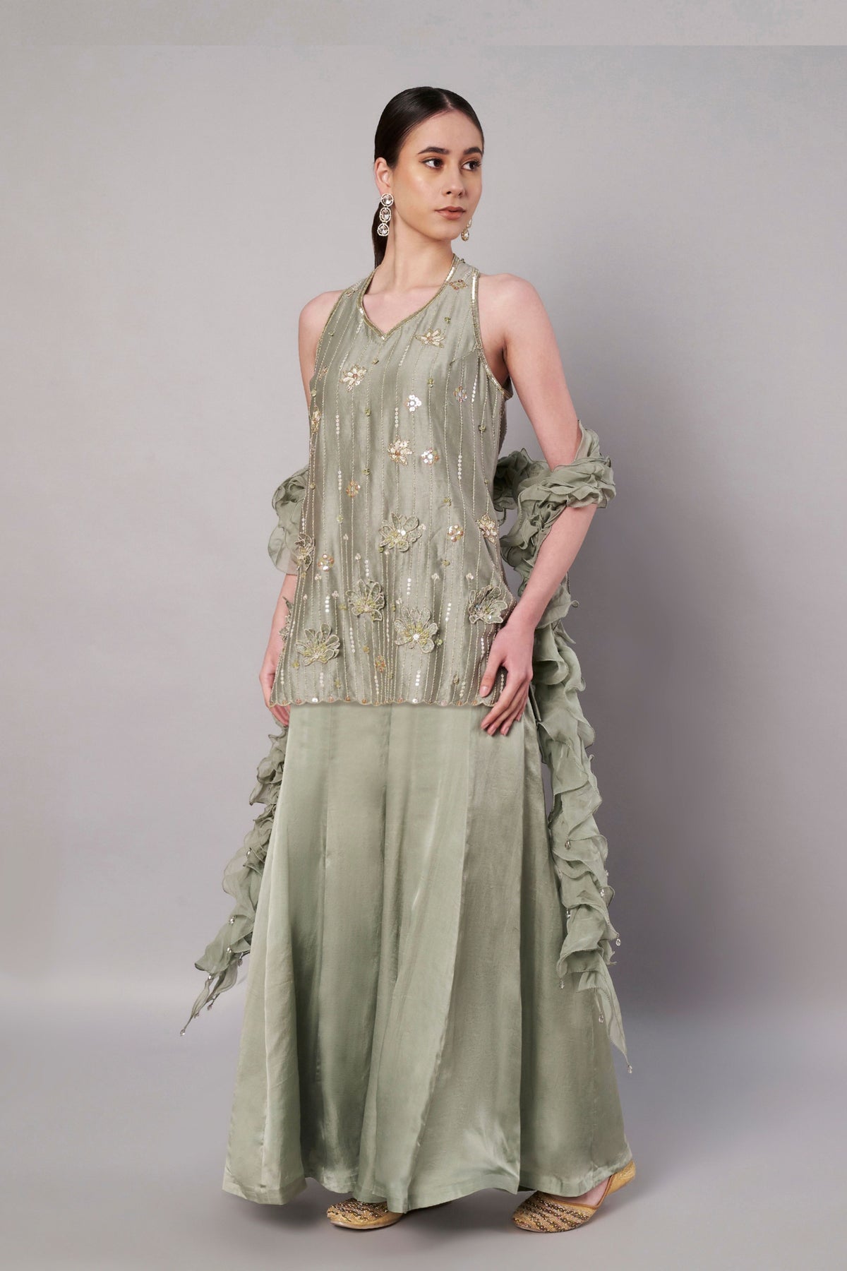Florale Halter Moss Green Suit Set