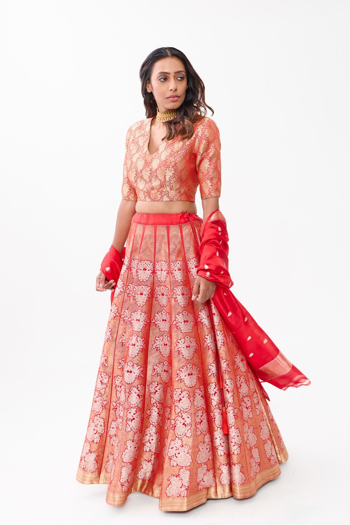 Red Gulhar Gold Zari Lehenga Set