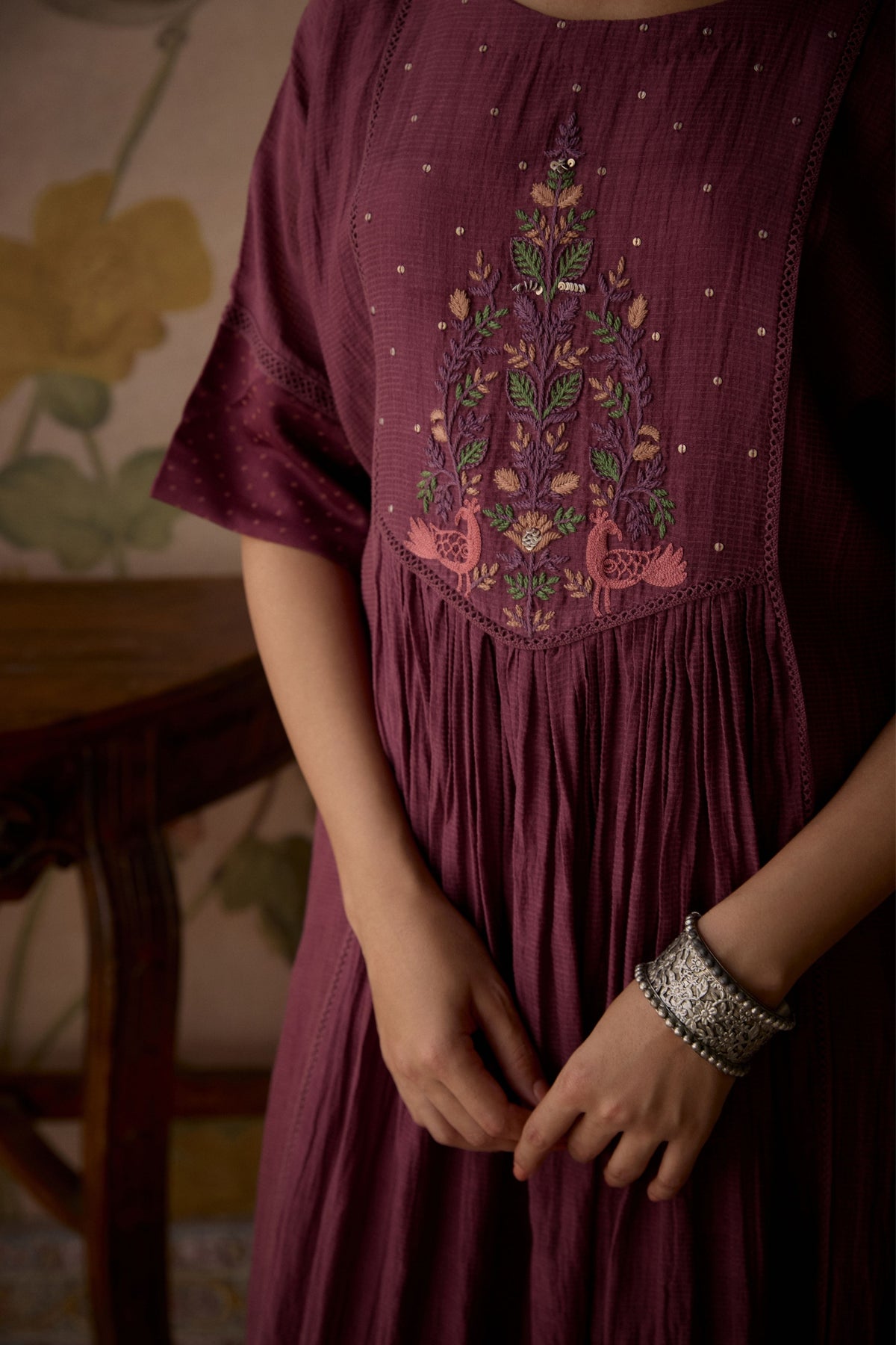 Wine Handwoven Kurta with pants