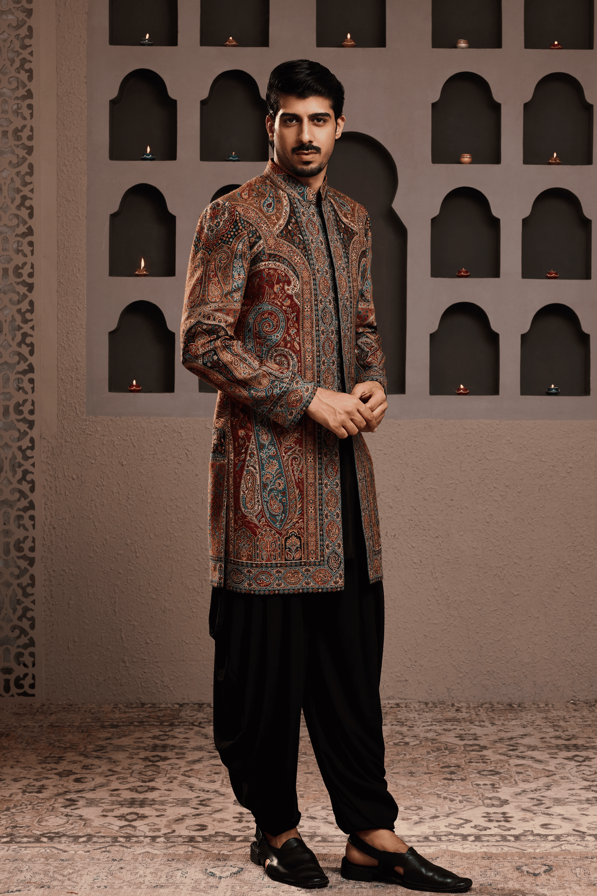 Jamawar  Achkan Black Kurta Dhoti Set