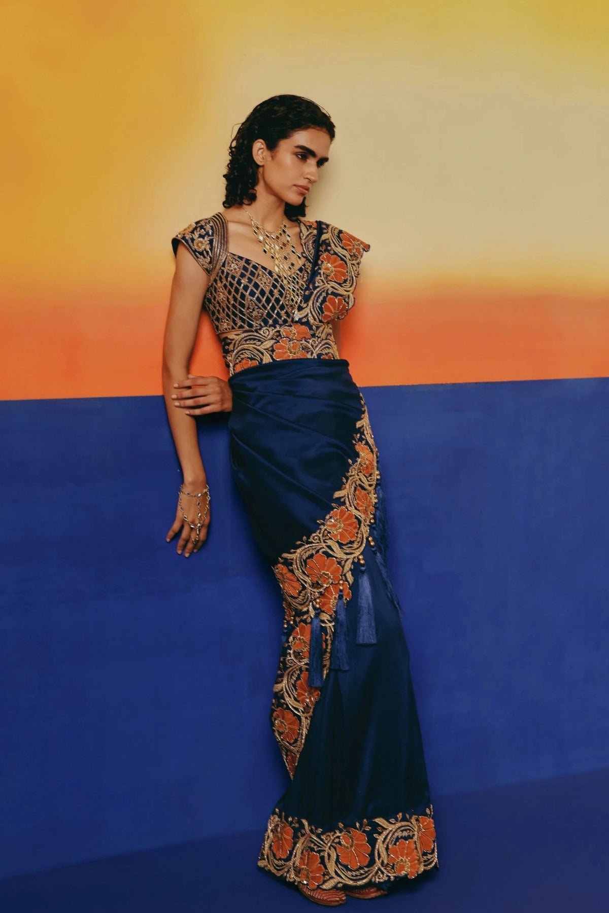 Navy Floral Saree Set