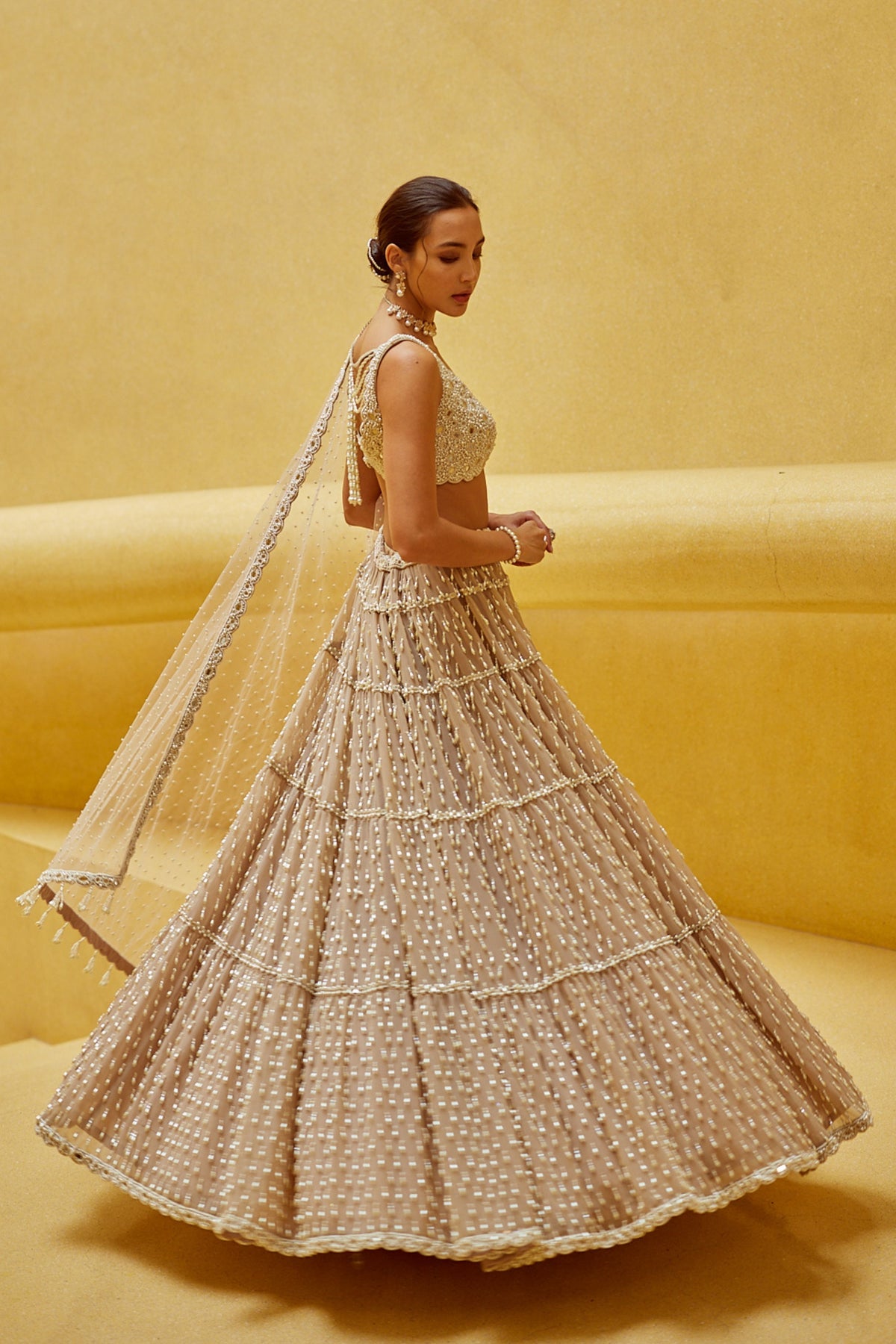 Light Beige Multi Tier Lehenga Set