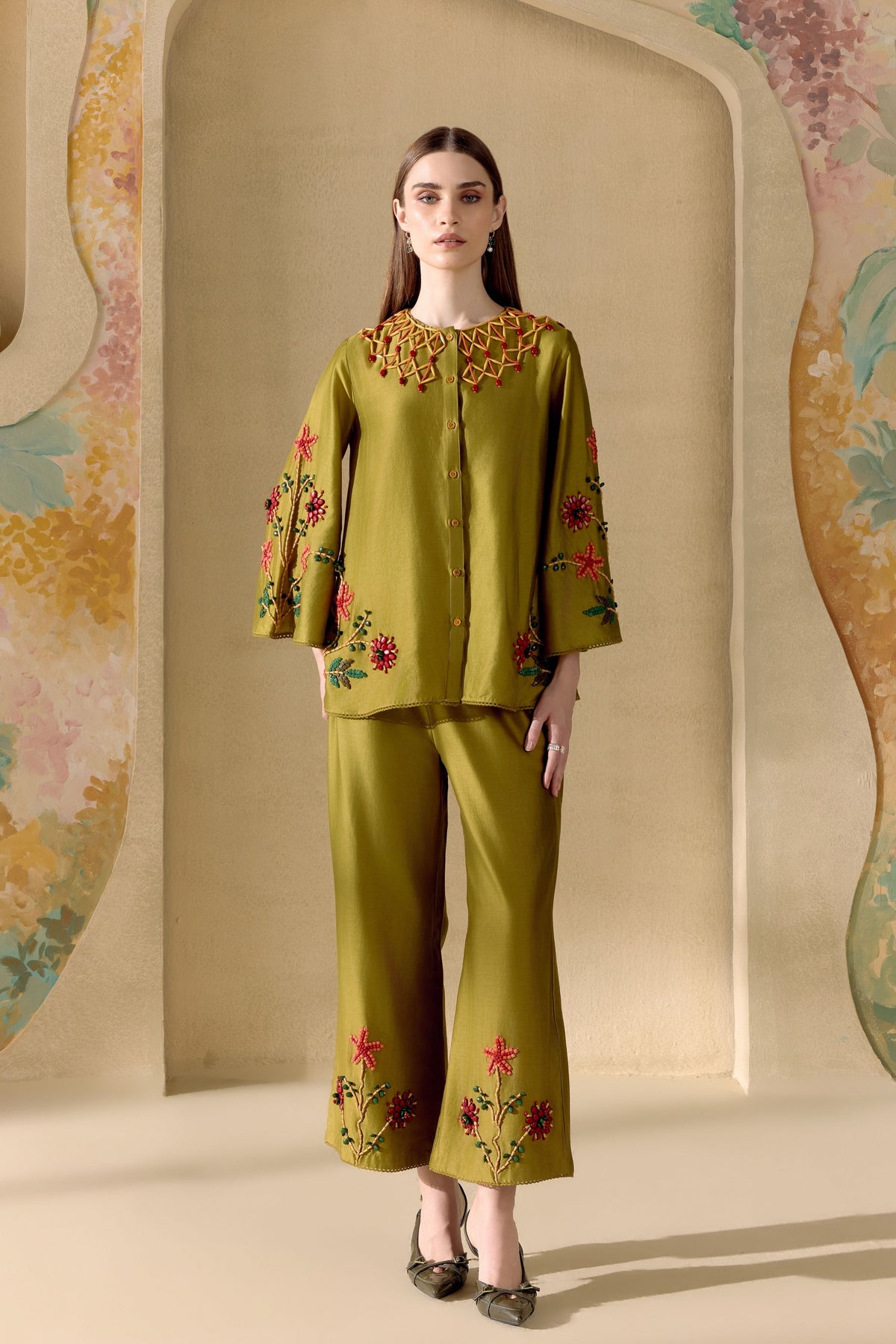 Olive Mosaic Beadwork Shirt