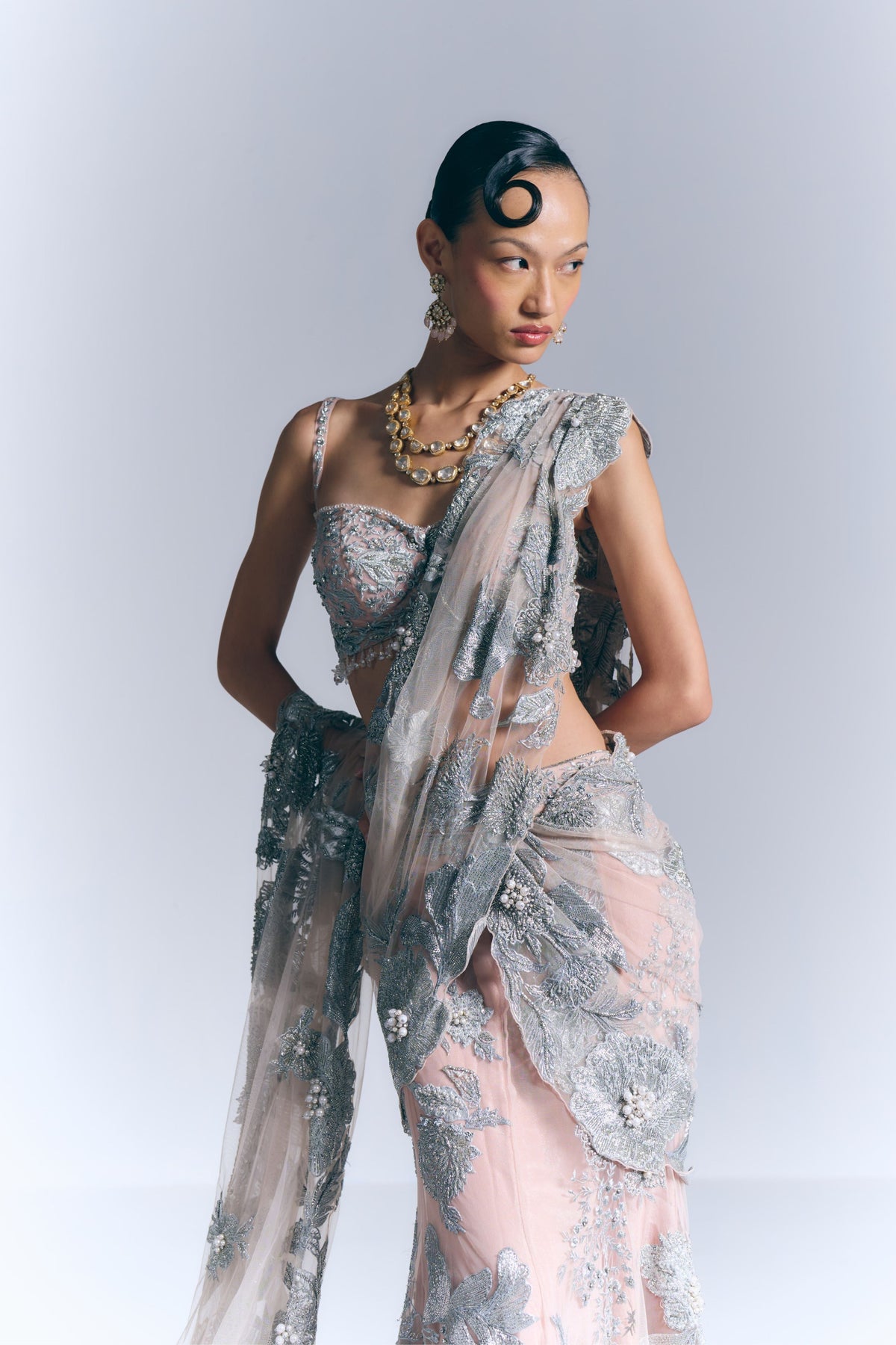 Noor Silver Drape Saree Set