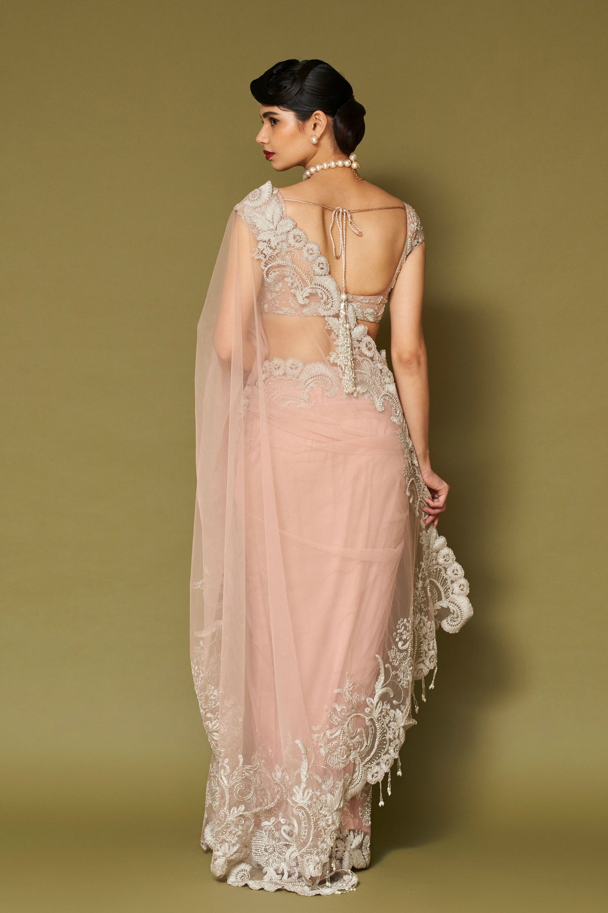 Blush Pink Embroidered Net Saree Set