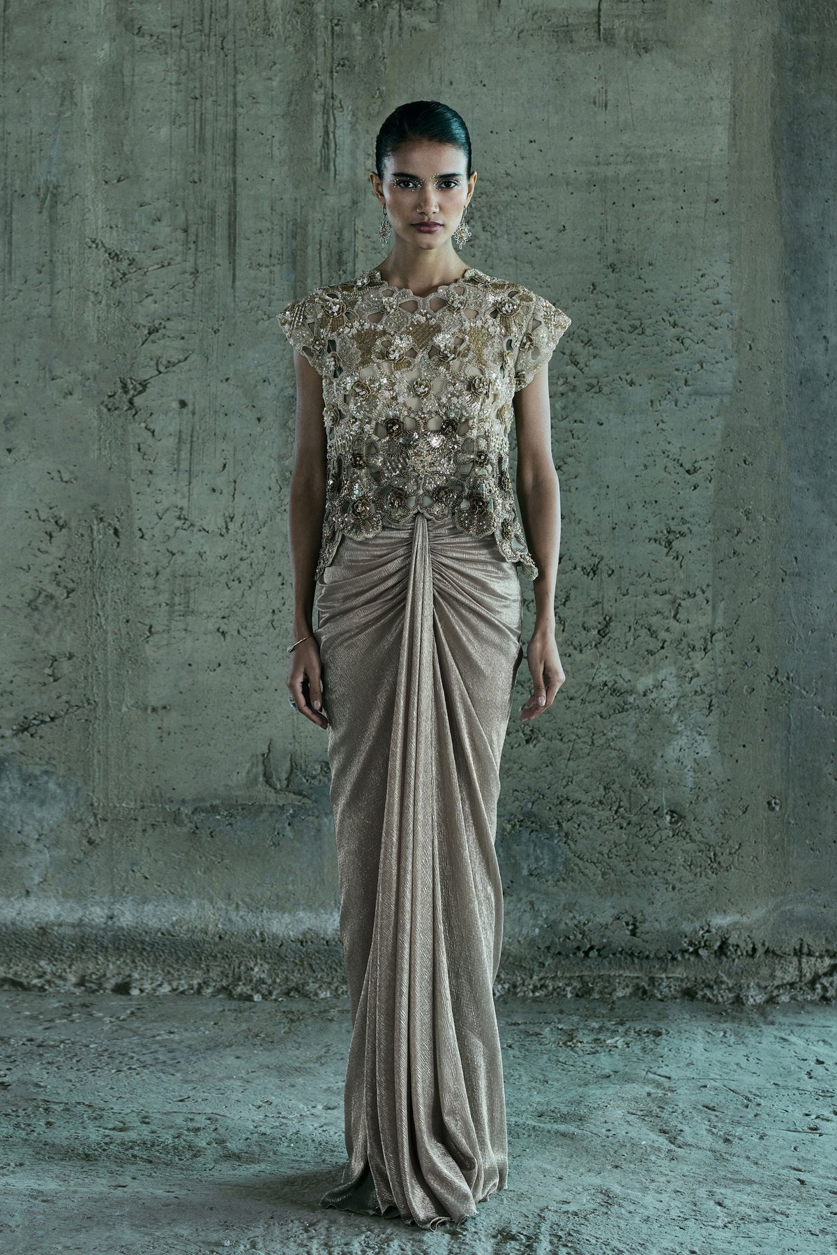 Beige Cutwork Top and Skirt