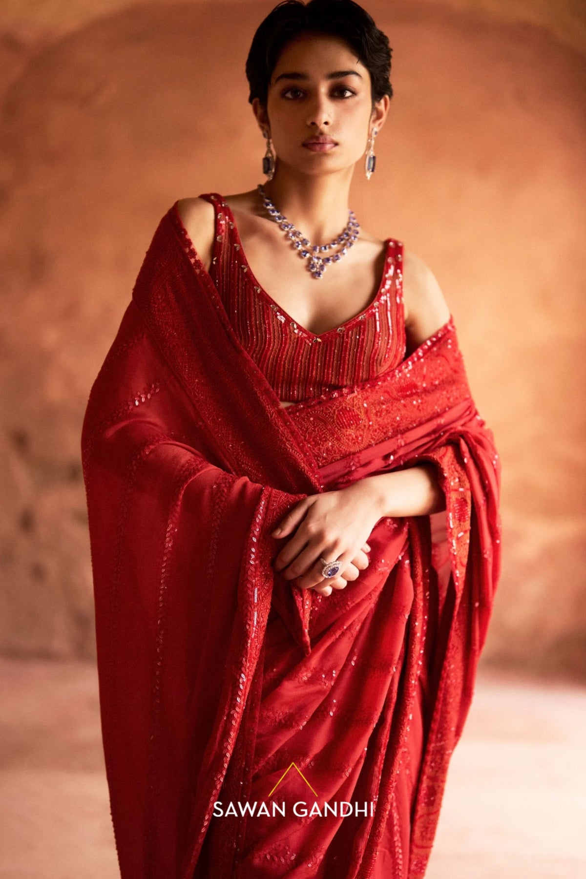 Orange Red Sequin Saree Set