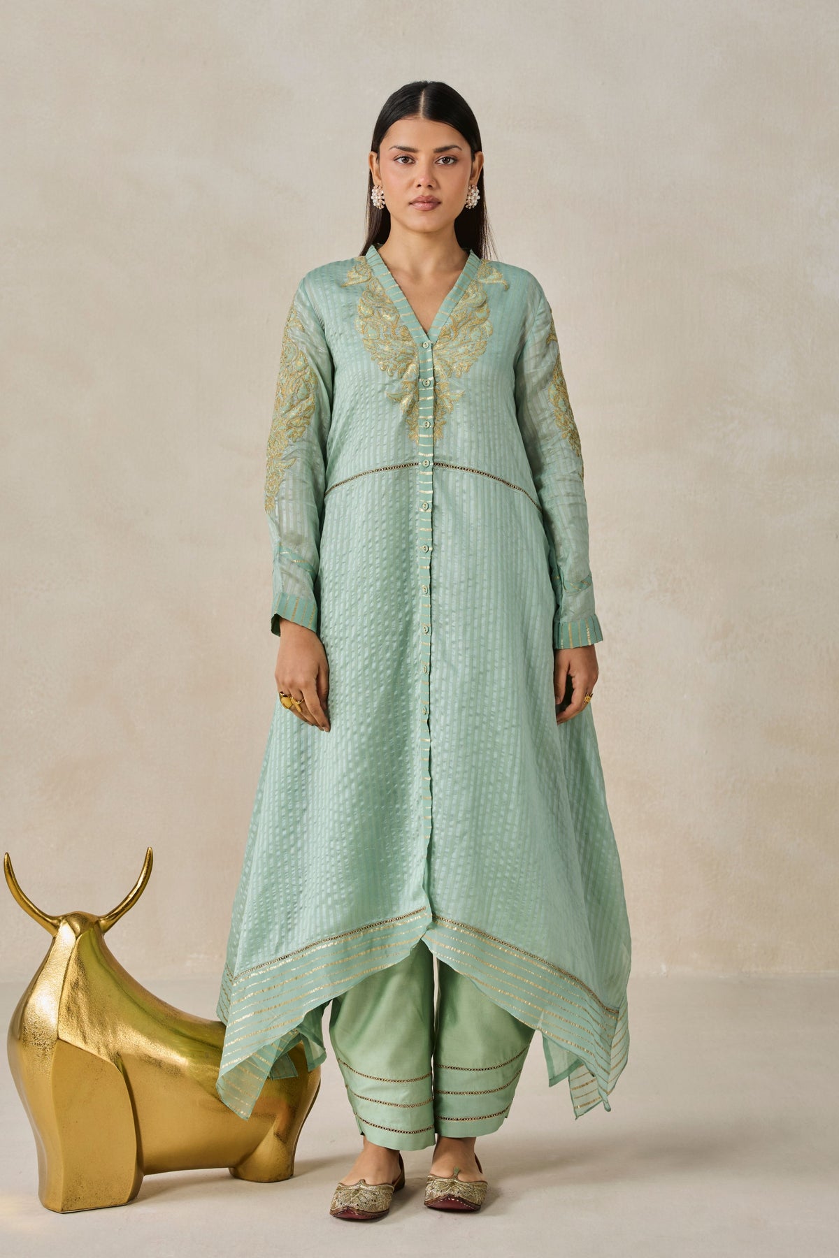 Green Asymmetrical Kurta Set