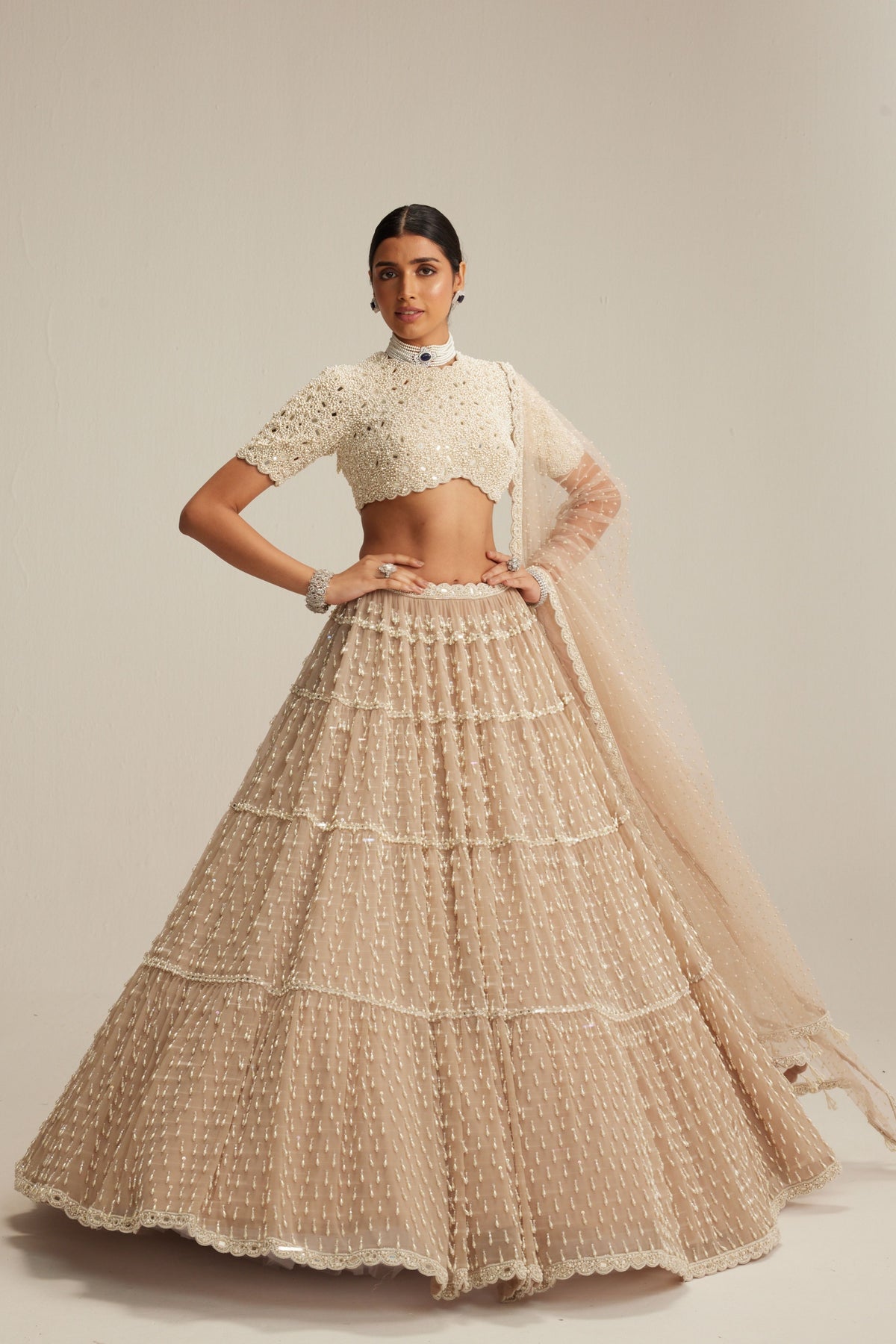 Light Beige Pearl Drop Multi Tier Lehenga Set