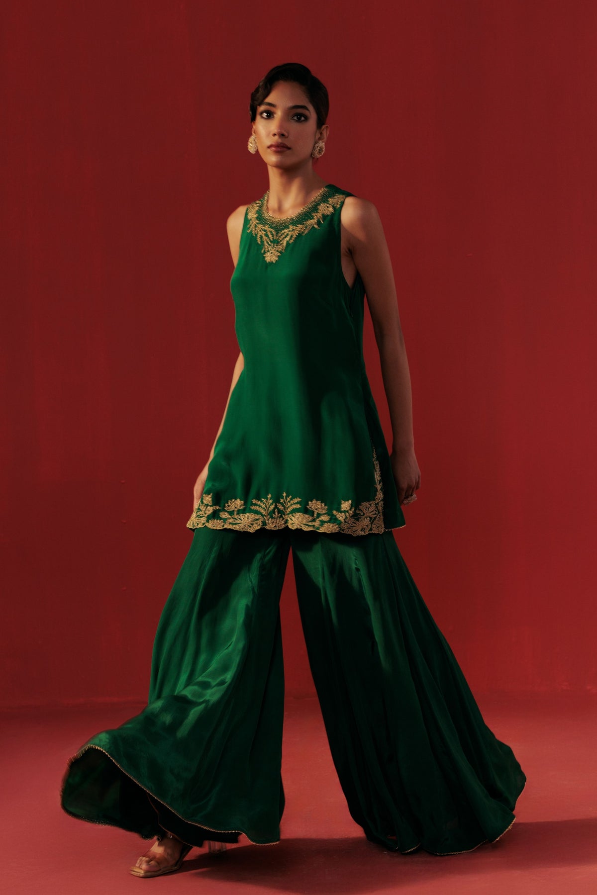 Satin Crepe Green Sharara Set