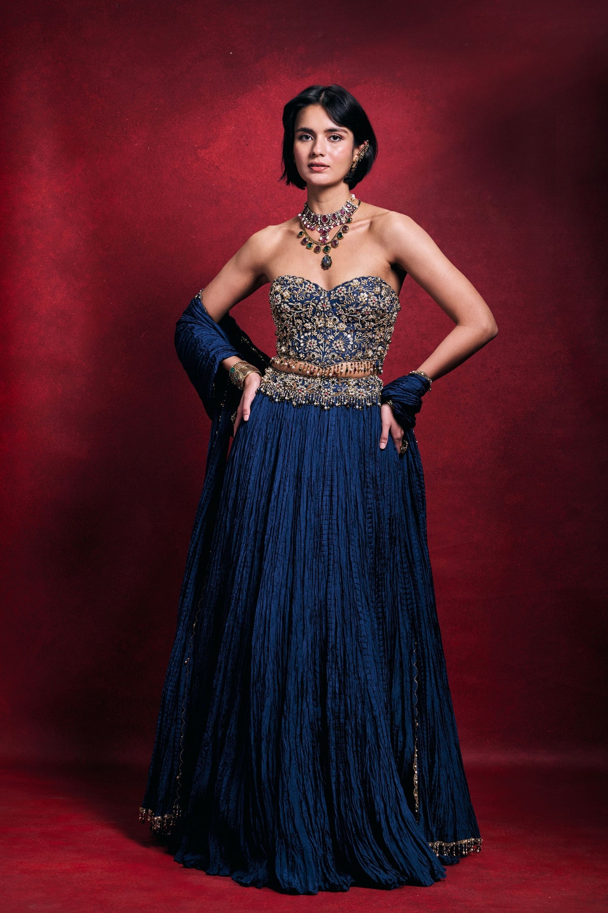 Royal Blue Crushed Lehenga Set