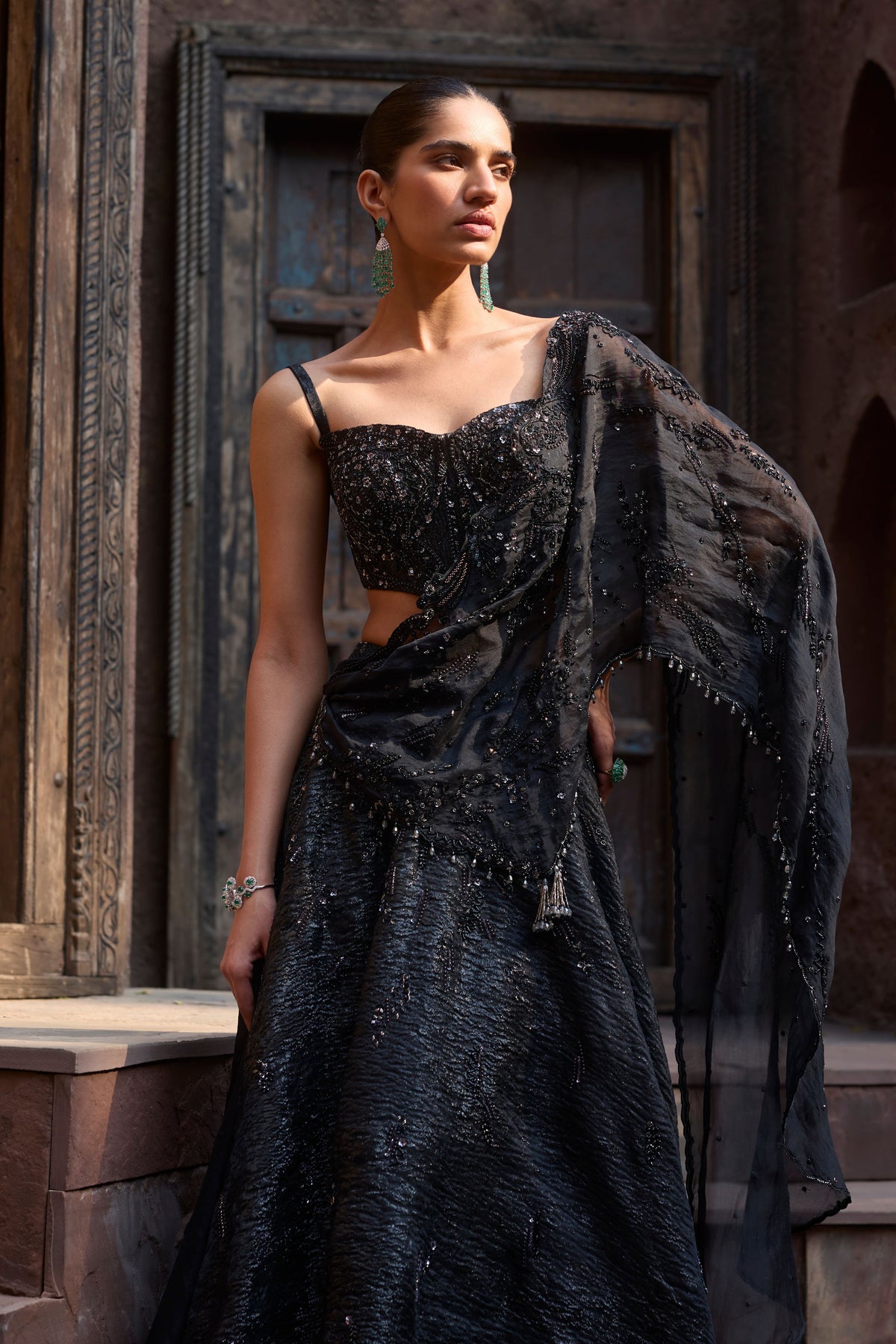 Starlit Charcoal Drape Lehenga Set
