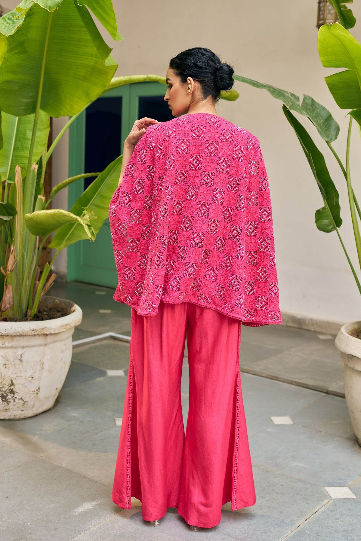 Fuschia Embroidered Cape Set