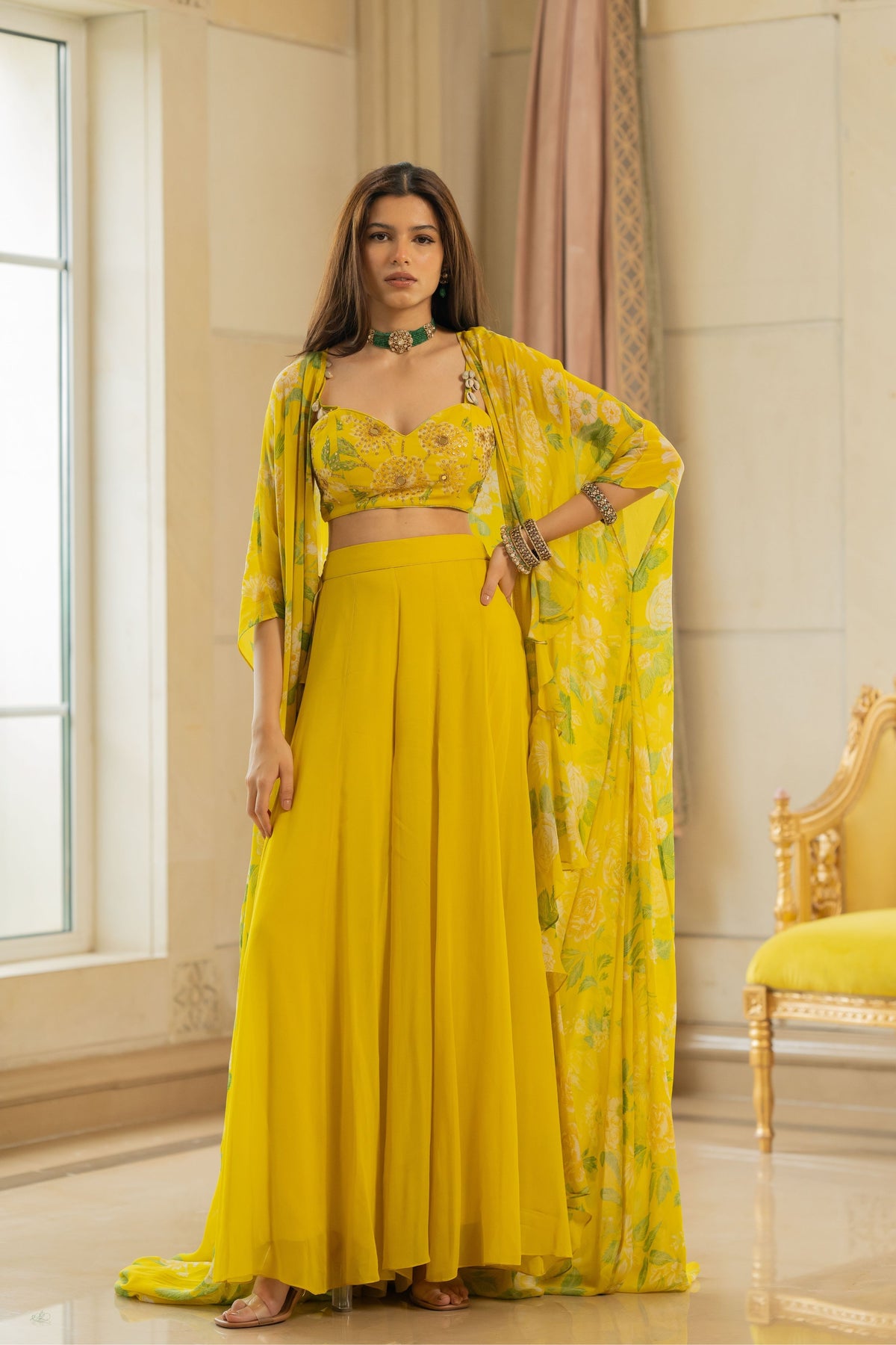 Lime Yellow Floral Printed Jacket Set