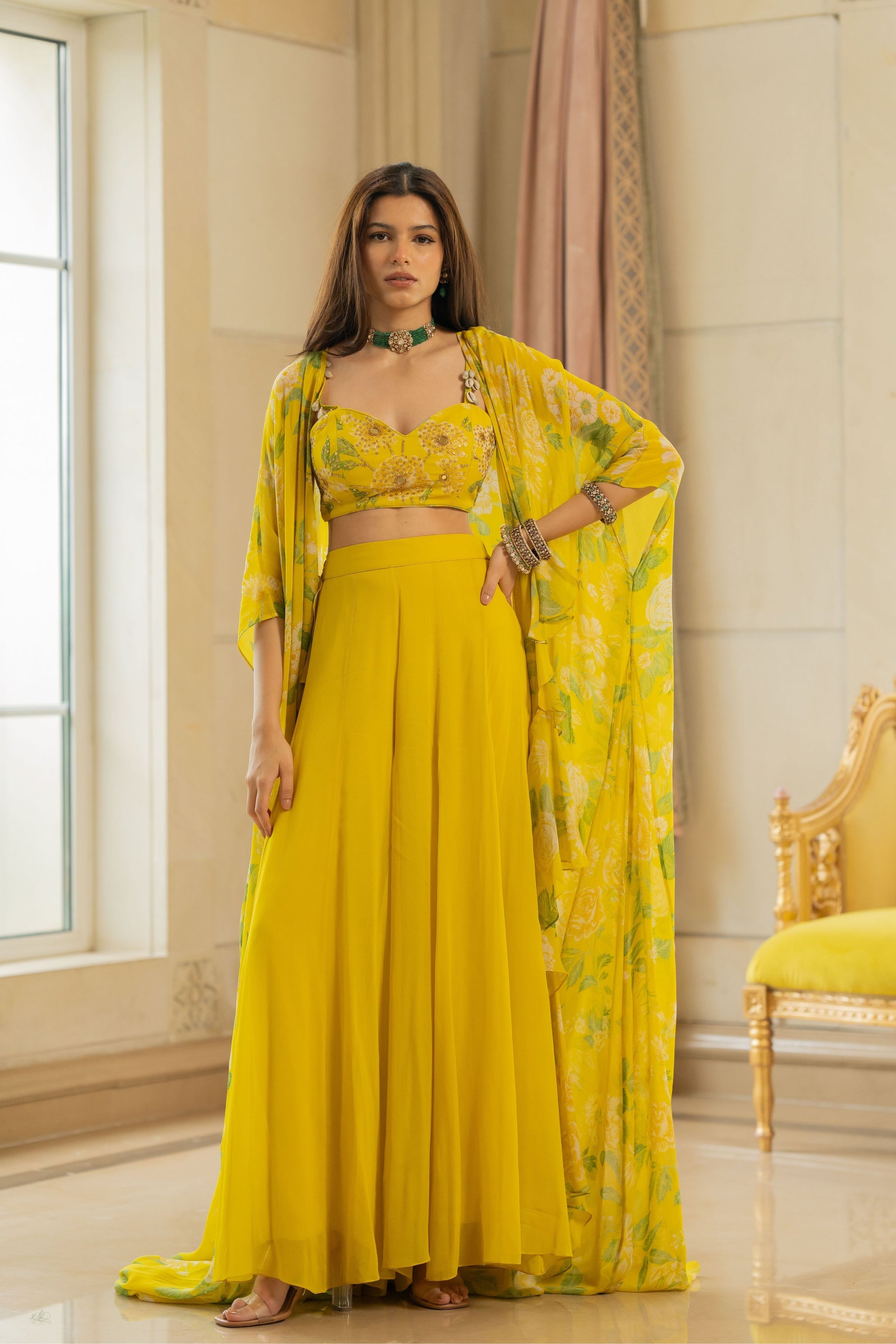 Paulmi and Harsh Lime Yellow Floral Printed Drama Jacket Set Elahe