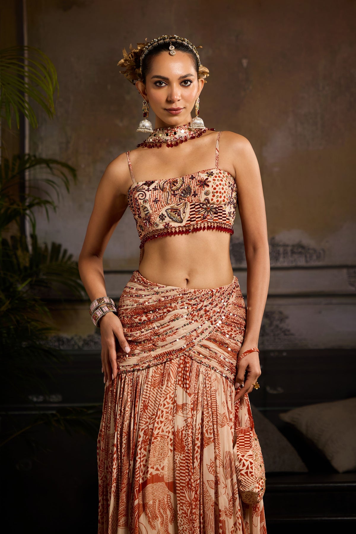 Beige and Rust Printed Lehenga Set