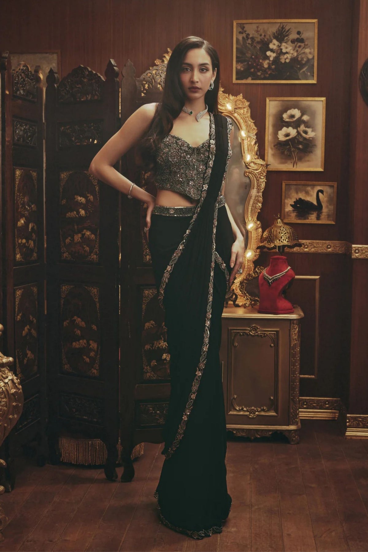 Nina Black Draped Saree Set