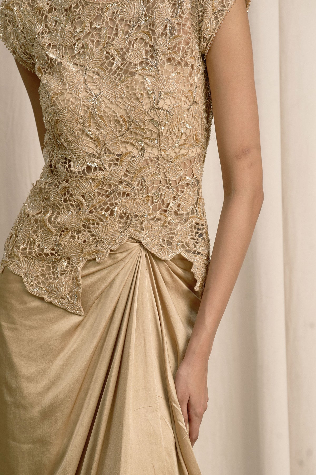 Beige Cutwork Pick-Up Skirt Set
