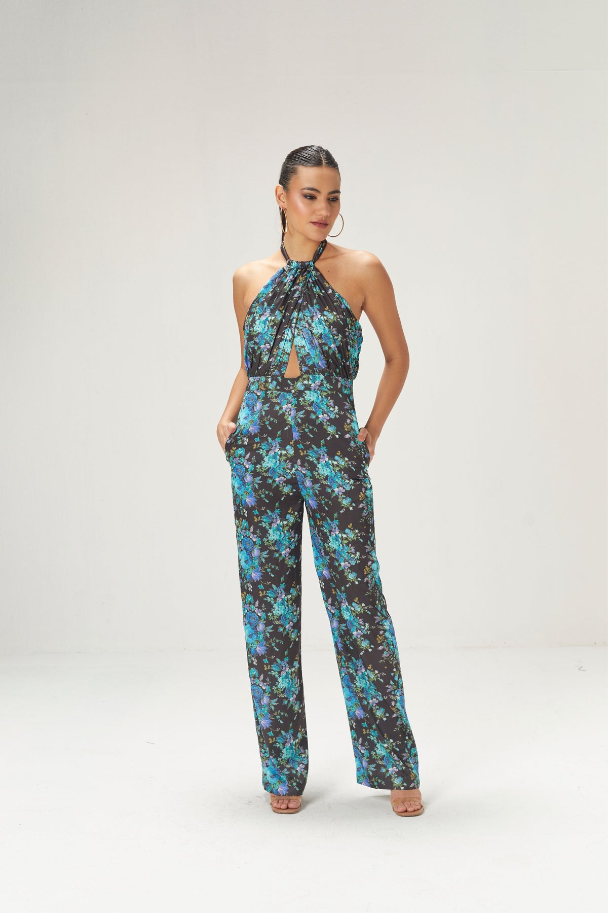 Teal Blue Printed Halterneck Jumpsuit
