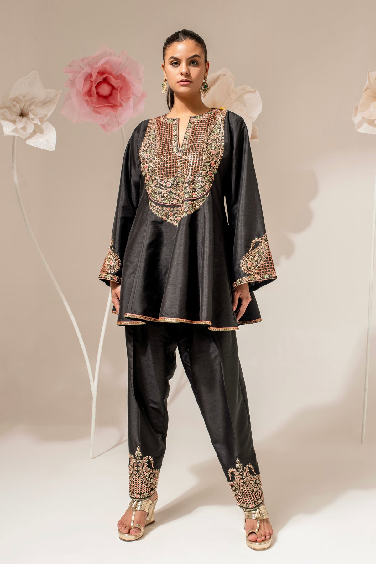 Black Silk Embroidered Kalidar Kurta Set