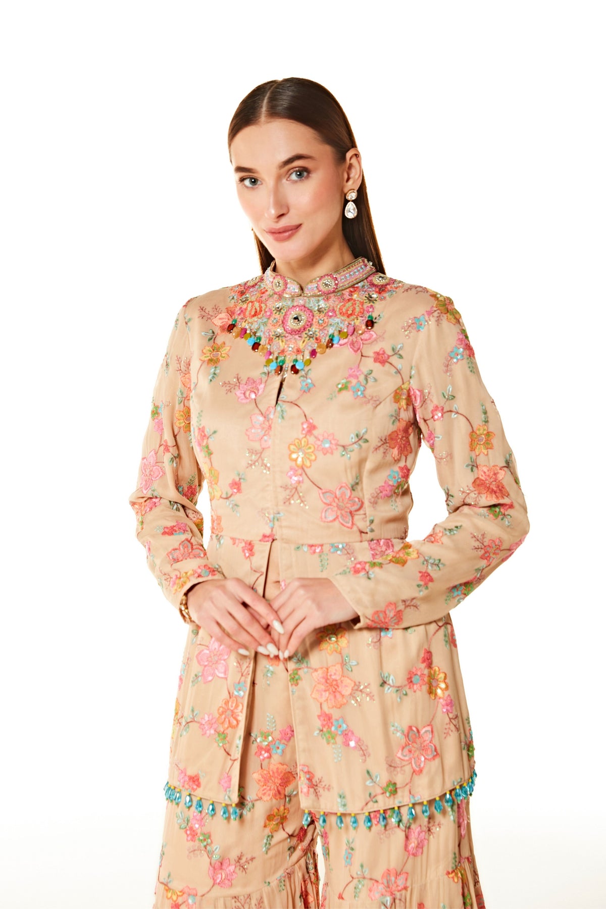 Beige Dalia Embroidere Sharara Set