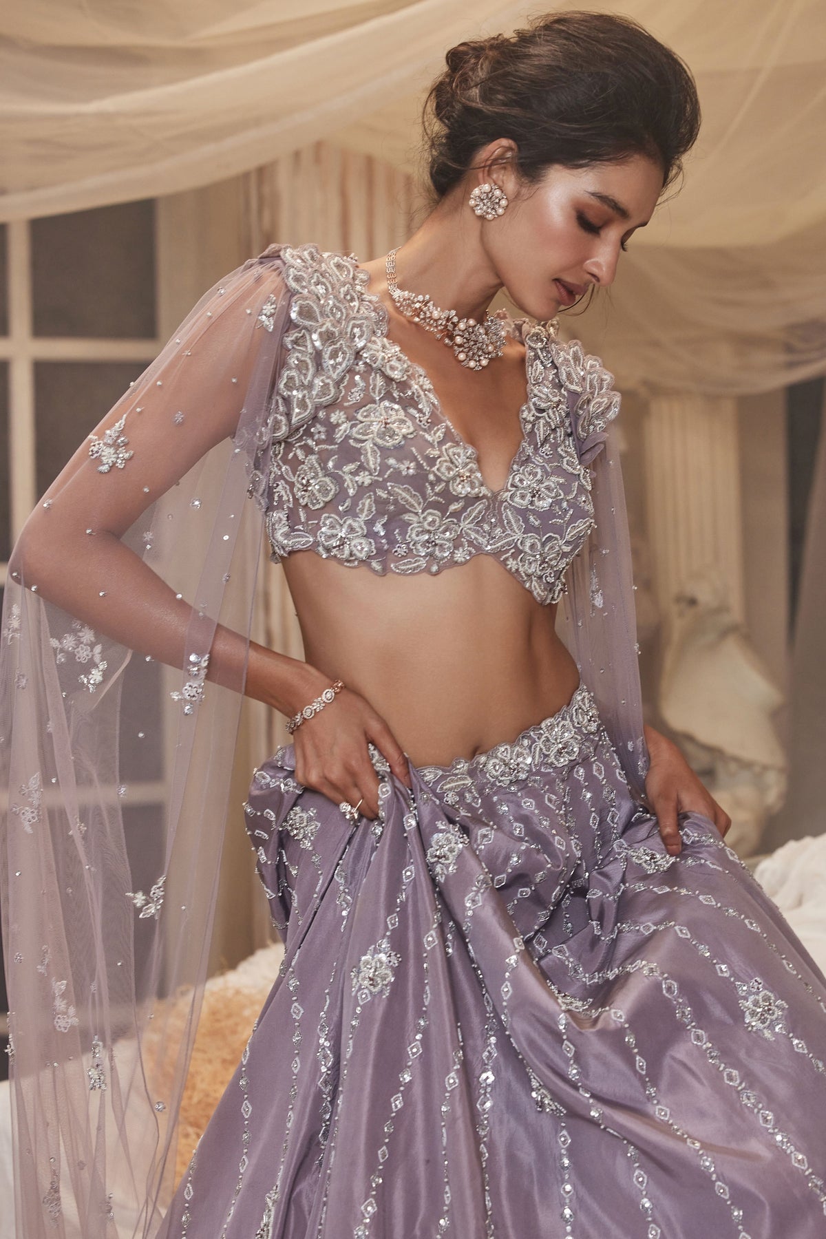 Canis Lilac Cape Lehenga Set
