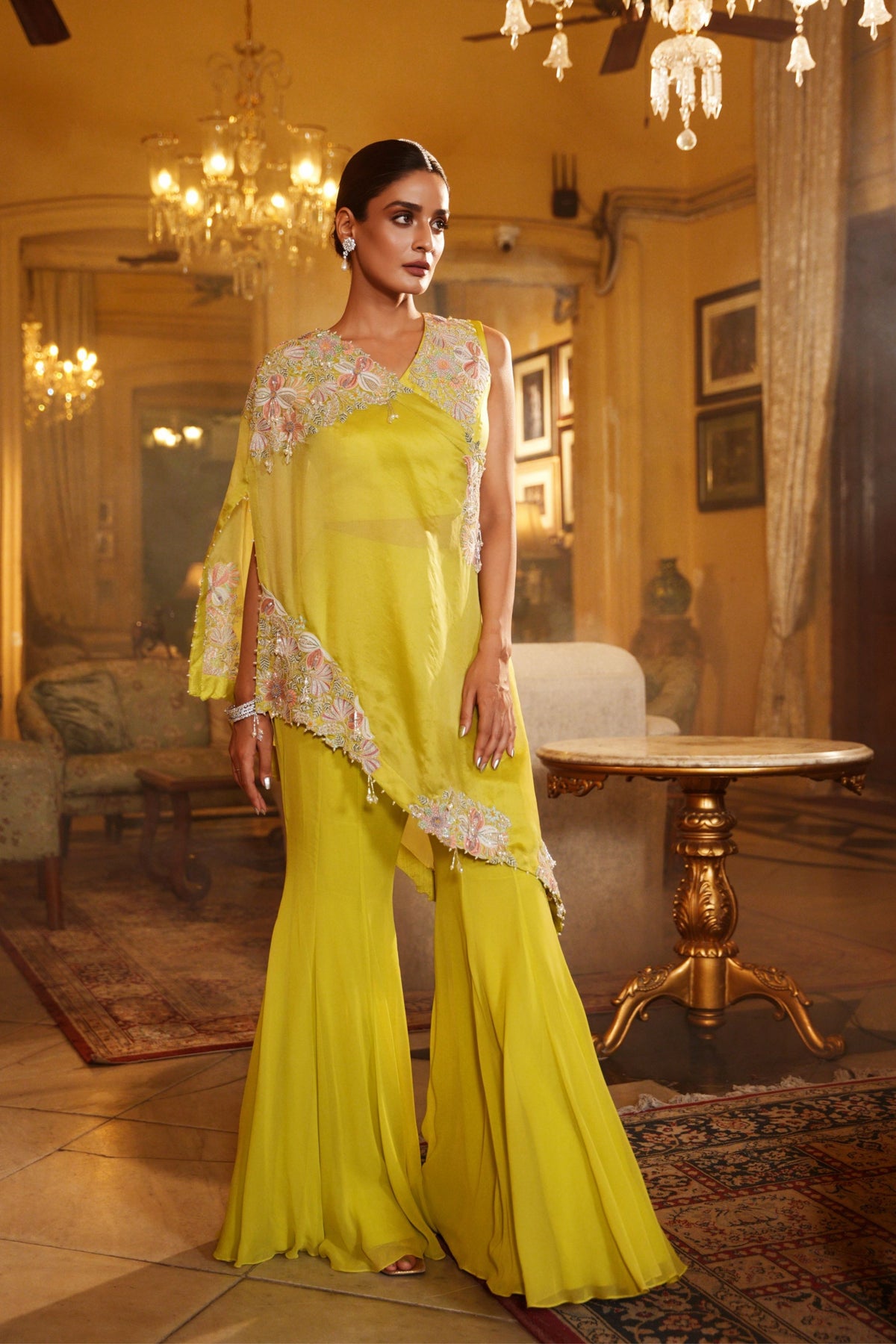 Hand Embroidered Assymetric Cape Set