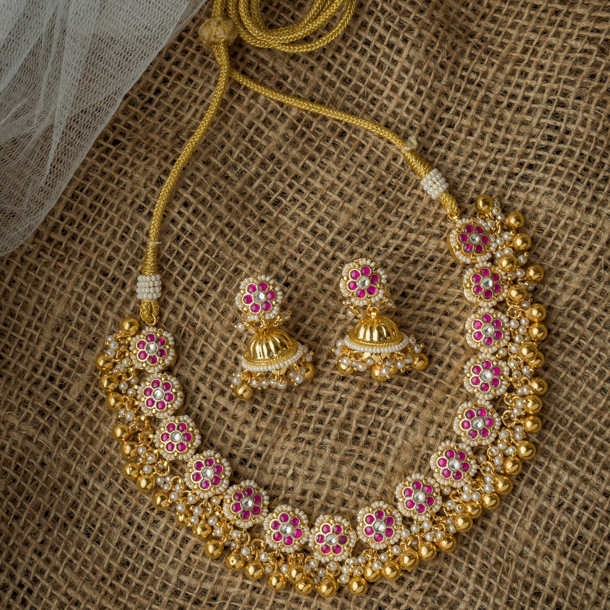 Pink Kundan Polki Necklace Set