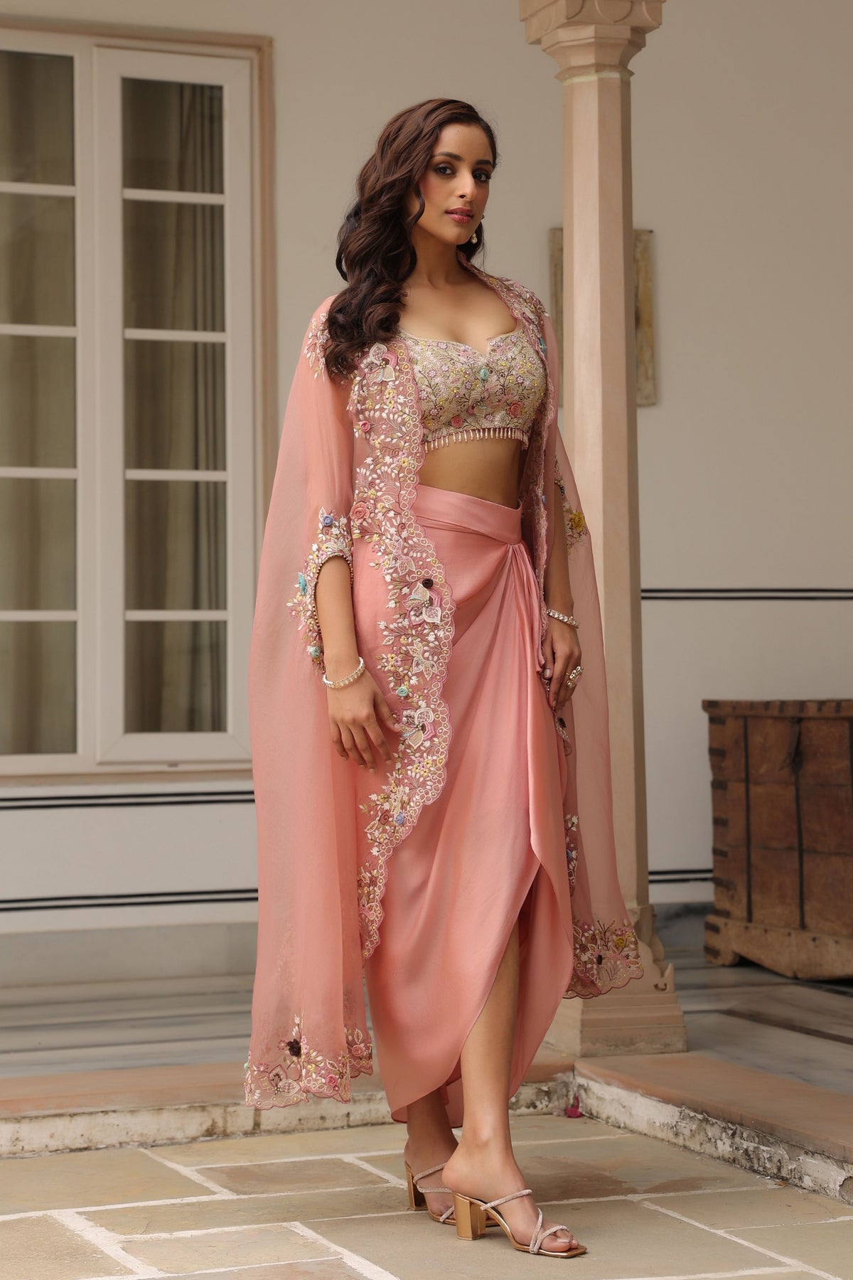 Gulzar Pink Cape Drape Skirt Set