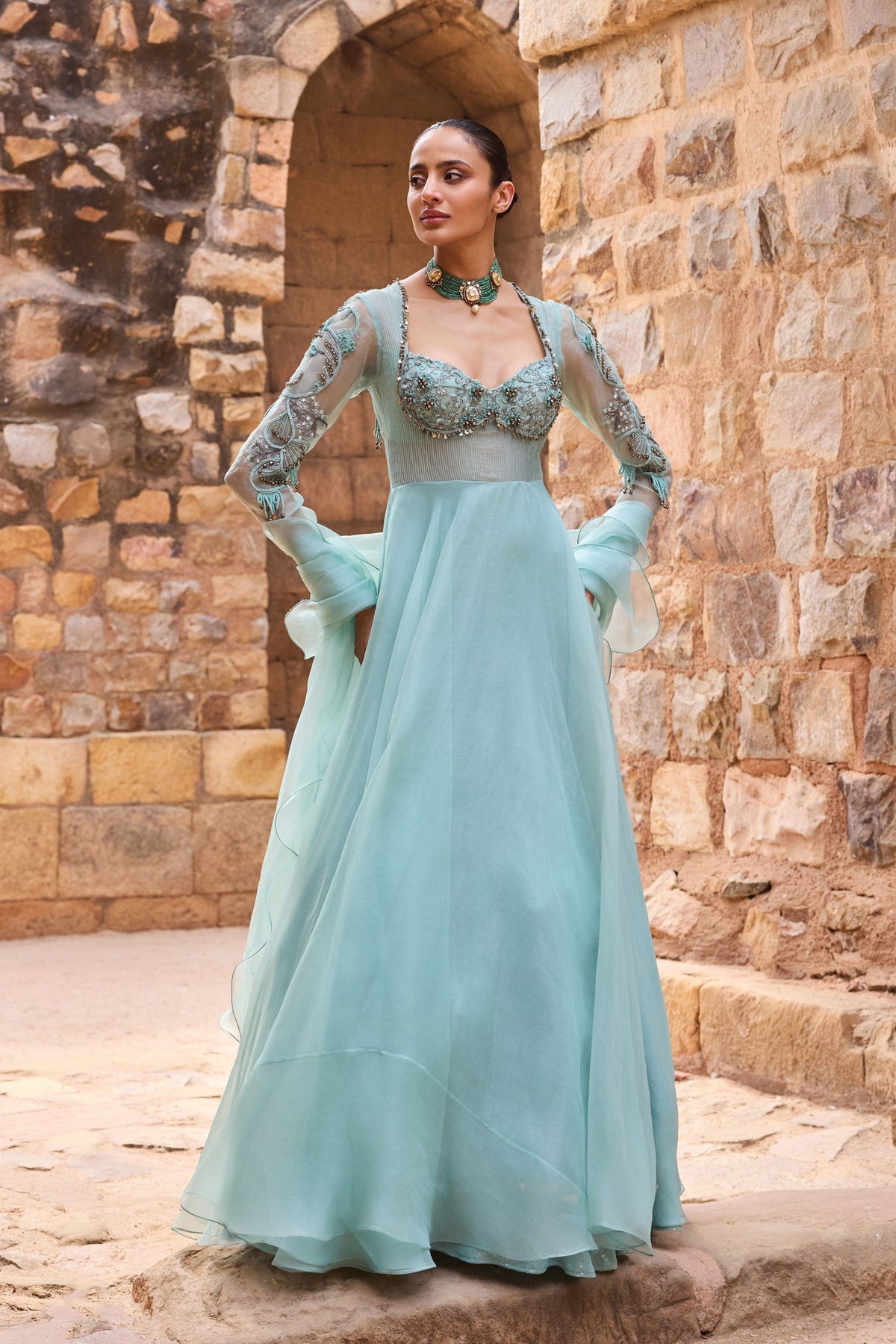Aqua Embellished Anarkali Set